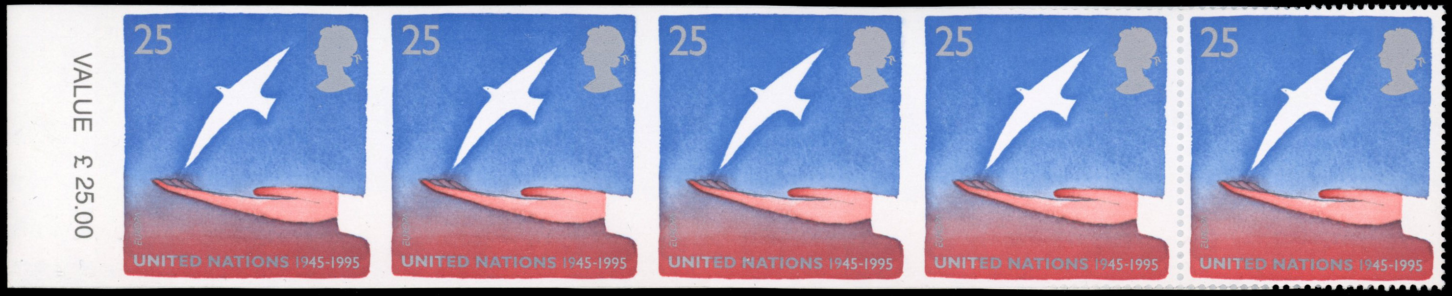 GB SG 1876a 1995 Europa 25p strip with imperf pair mint