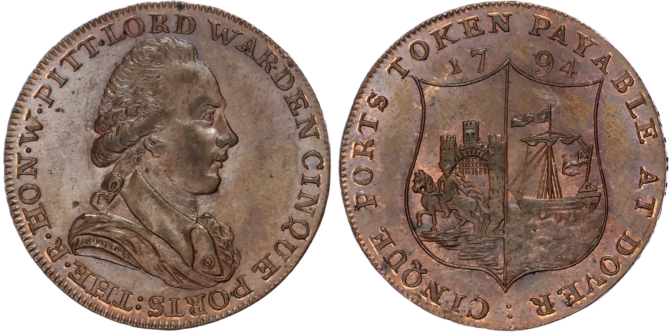 Kent, Dover , John Horn, (librarian, stationer and perfumer) Halfpenny 1794. Bust of William Pitt right, rev. …