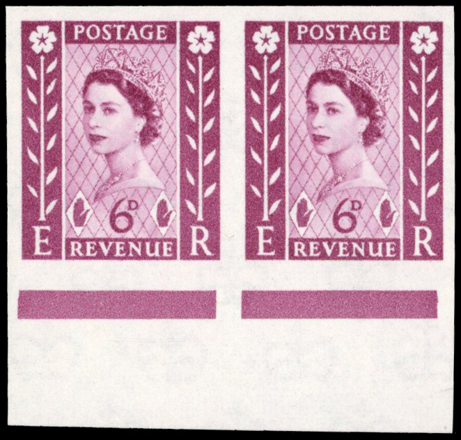 Great Britain 1958 6d Deep Claret, Horizontal Pair, BPMA Imprimatur, SG NI3