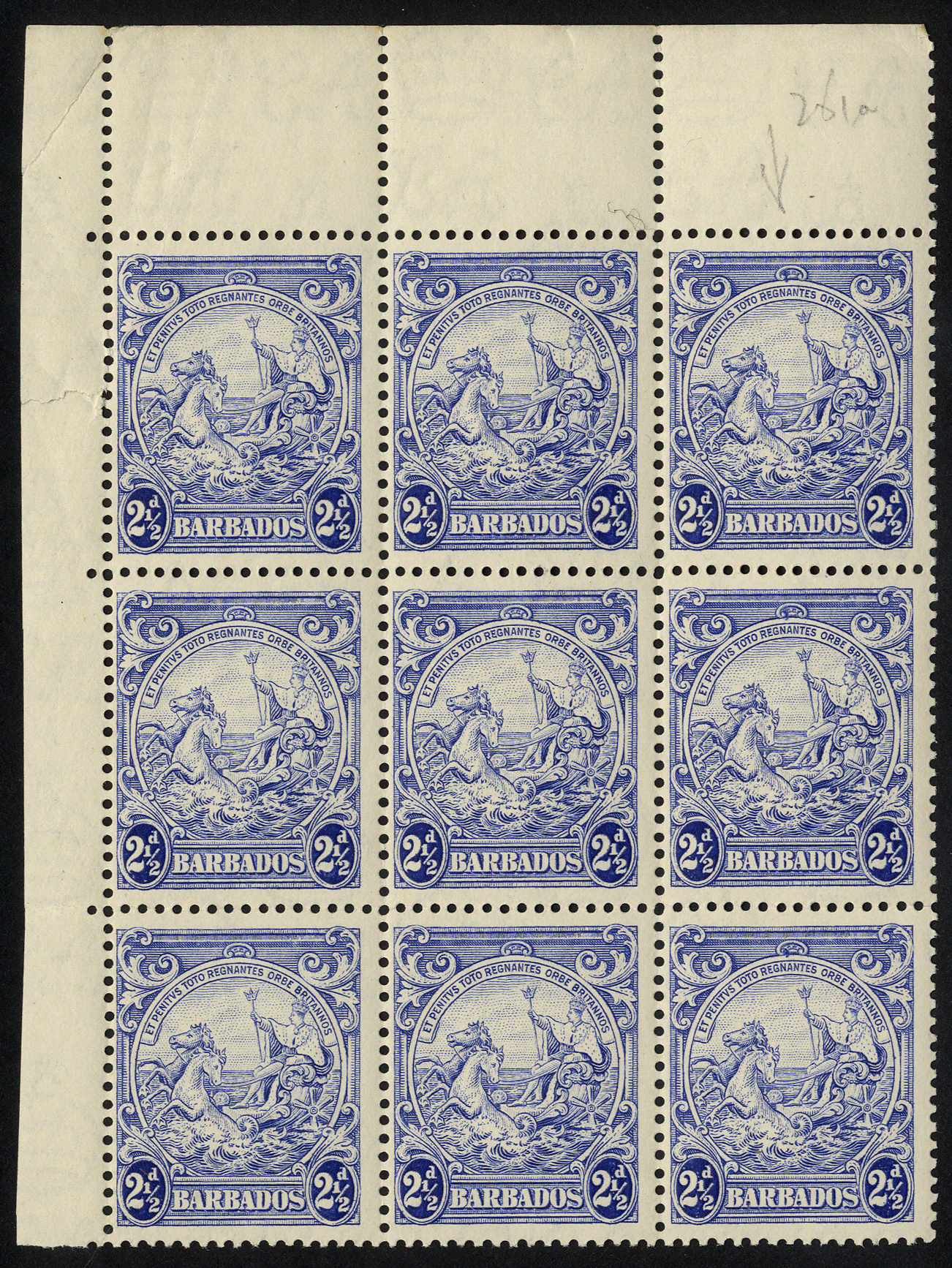 1938 2½d ultramarine u/m corner block of nine with R1-3/3 mark on central ornament. Selvedge with a minor crease, and a...