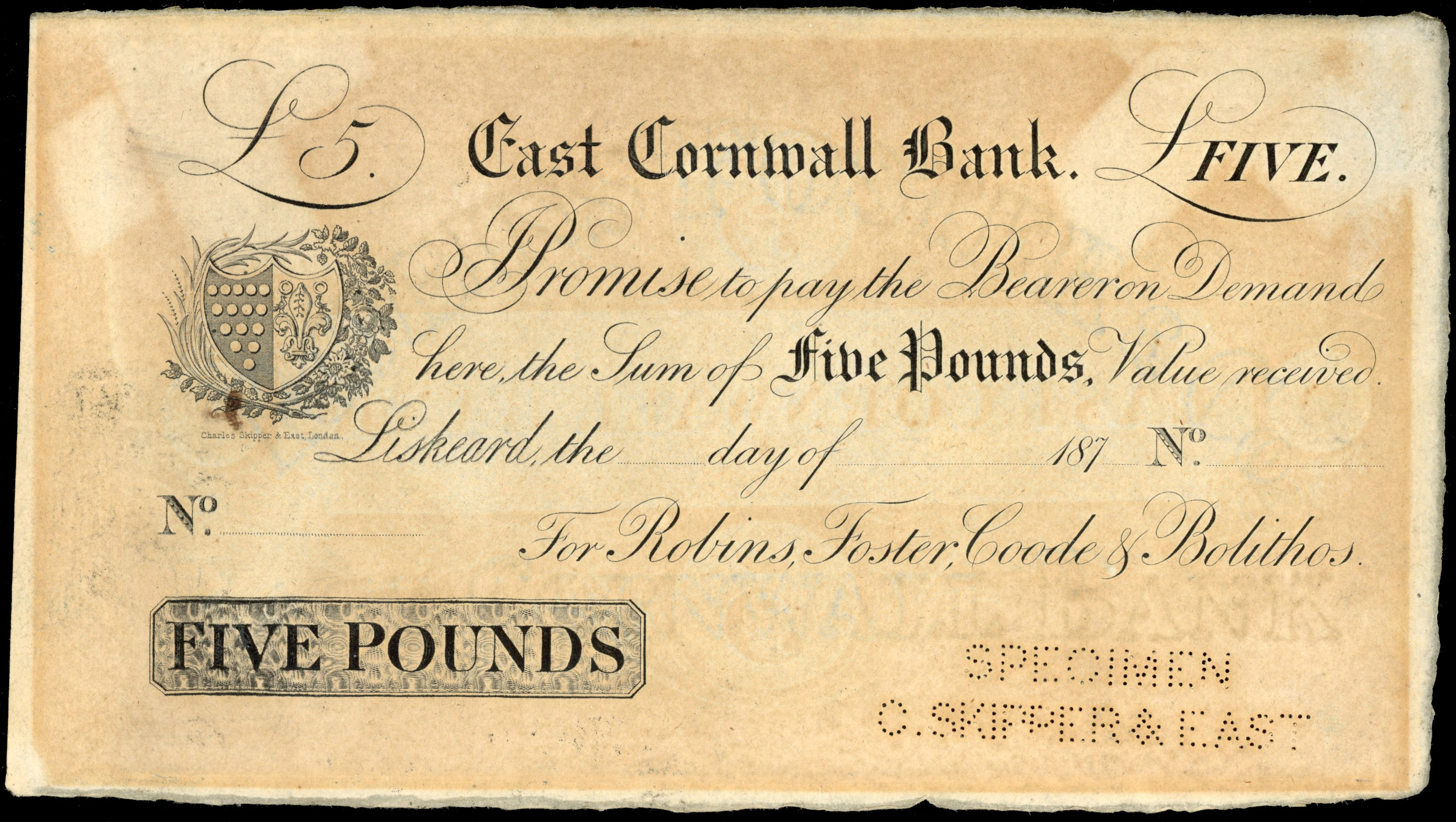 LISKEARD, East Cornwall Bank, for Robins, Foster, Goode & Bolithos, Specimen £5.,187-, paper perforated ‘SPECI…