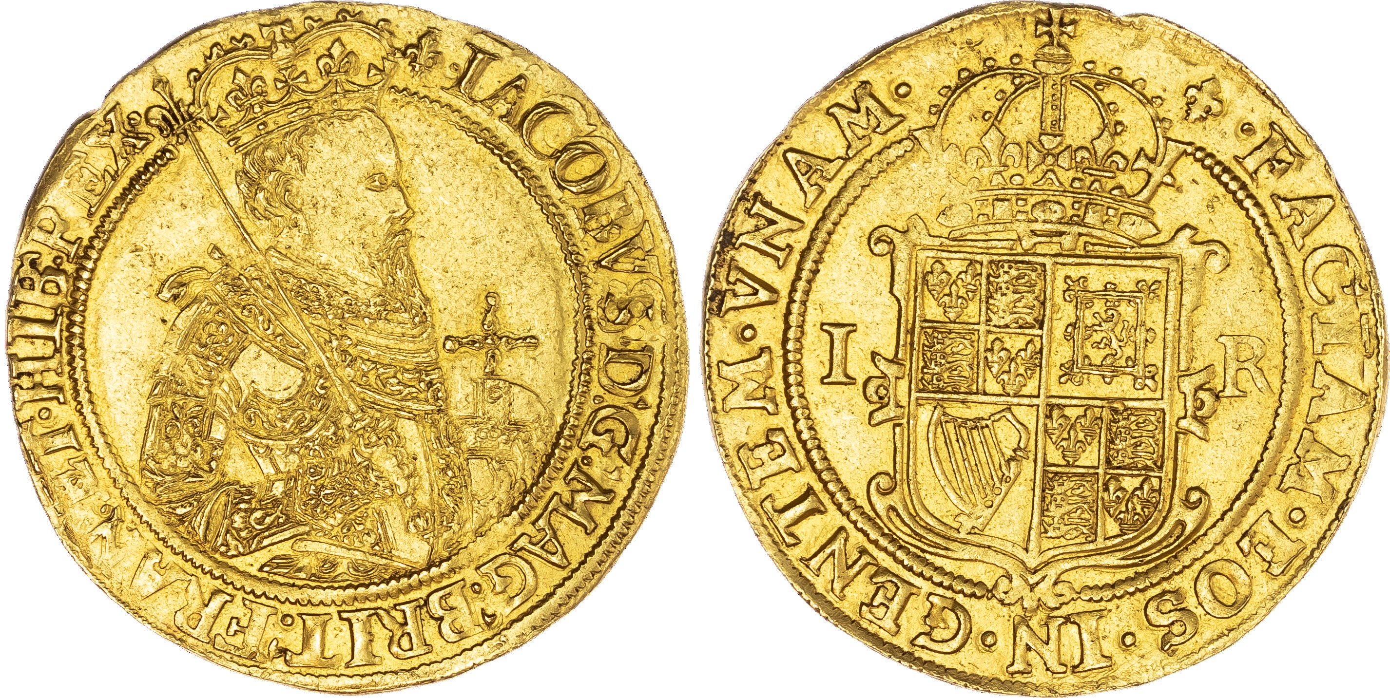 James I (1603-25), Unite with a nominal value of twenty shillings, second coinage (1604-19), second crowned armoured