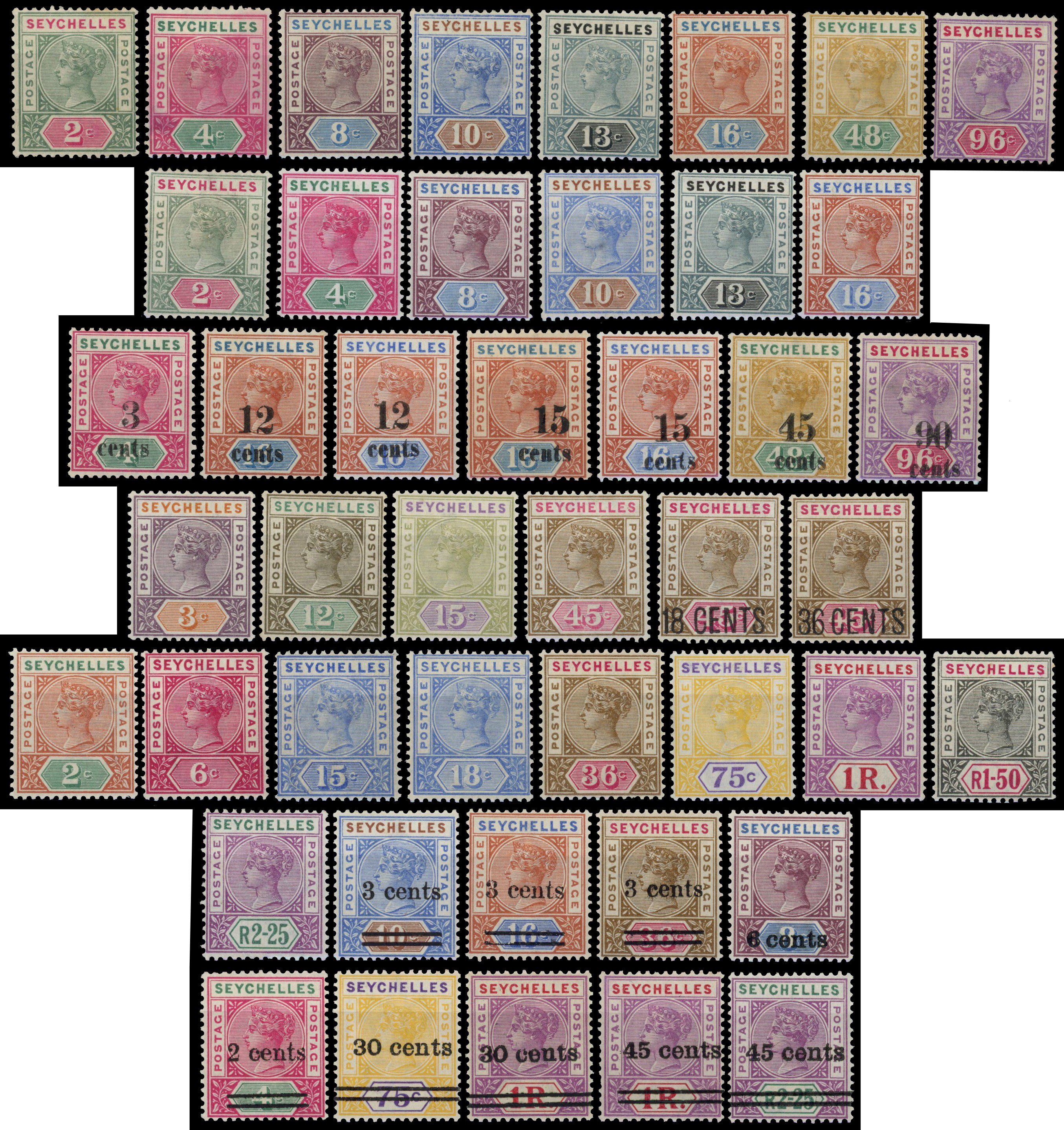 SEYCHELLES: Mint on cards including 1890 to 96c, 1893 to 90c on 96c, 1893 to 45c, 1897 to 2r25, 1902 to 45c on 2r25, 1903,