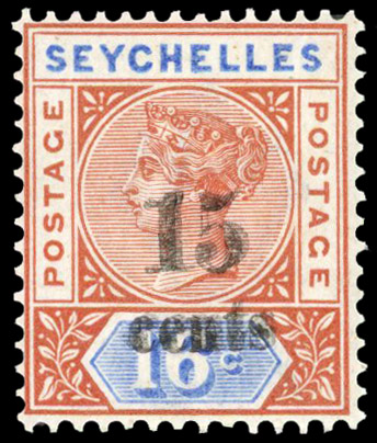 SEYCHELLES: 1893 15c on 16c chestnut and ultramarine (Die II) with surcharge double variety, ex Winchester 