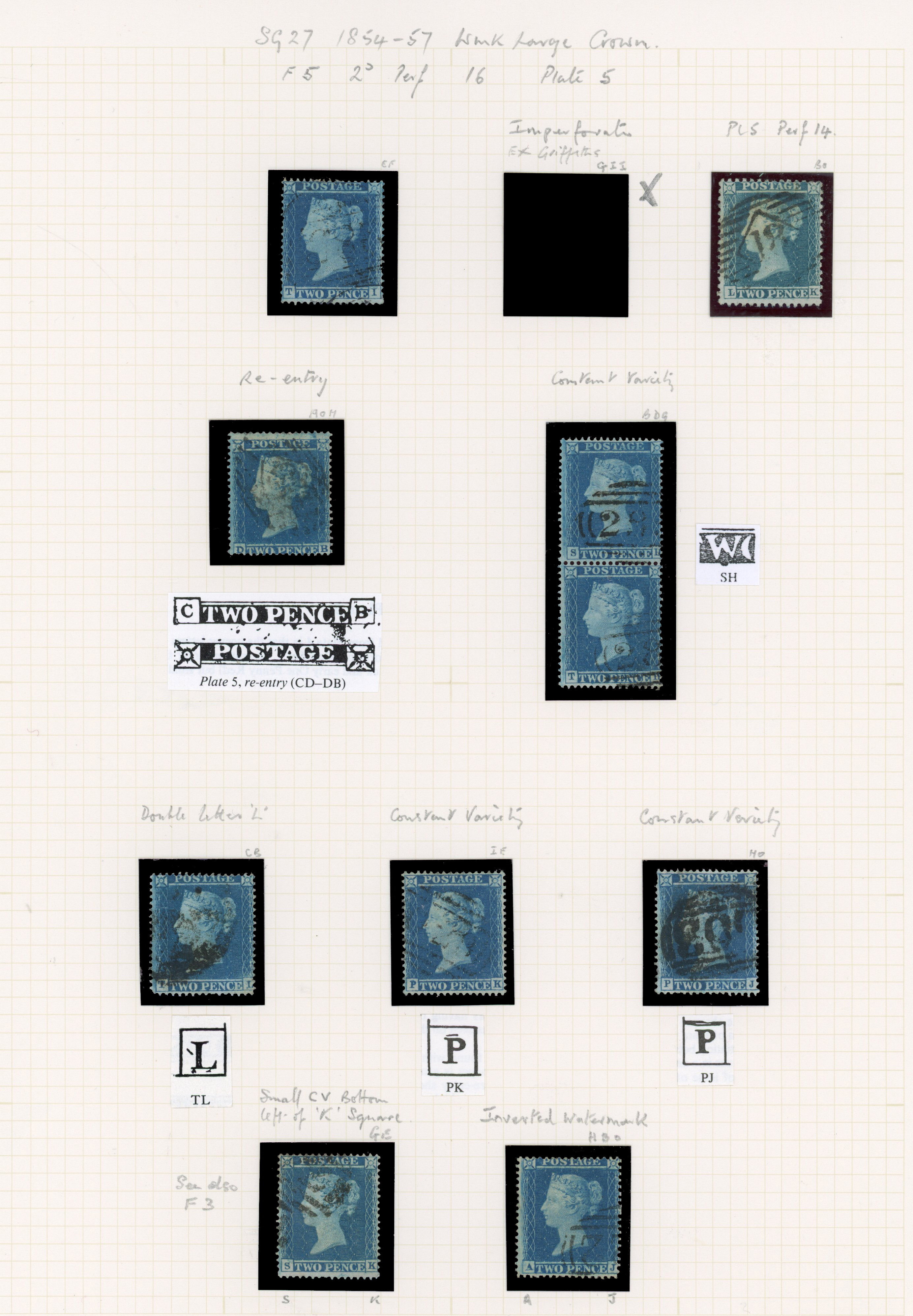 1855 2d Blue Pl.5 (SG27, Die I, Alphabet II, Wmk. Large Crown, Perf 16). Used group of ten