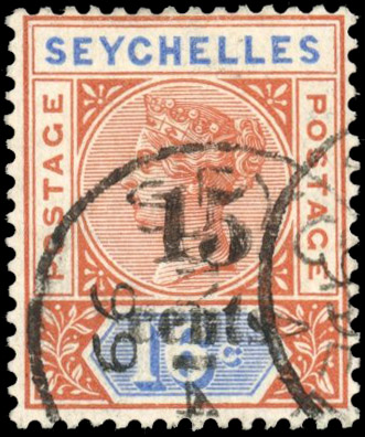 Seychelles 1893 15c on 16c with surcharge double, used, SG 19b