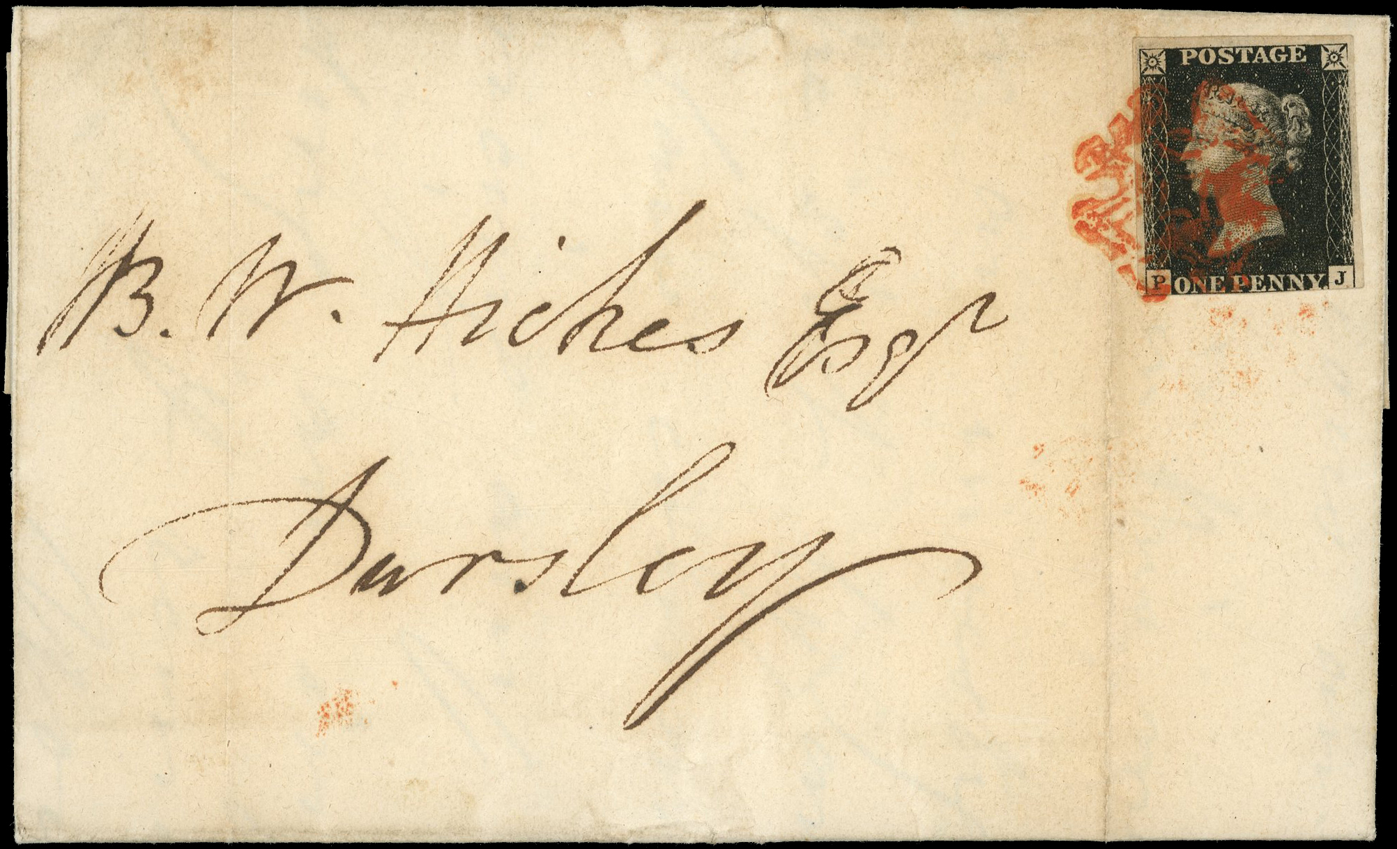 Great Britain 1840 1d black (PJ), plate 6, to Dursley tied by Wootton-Under-Edge red Maltese Cross. AS41ul