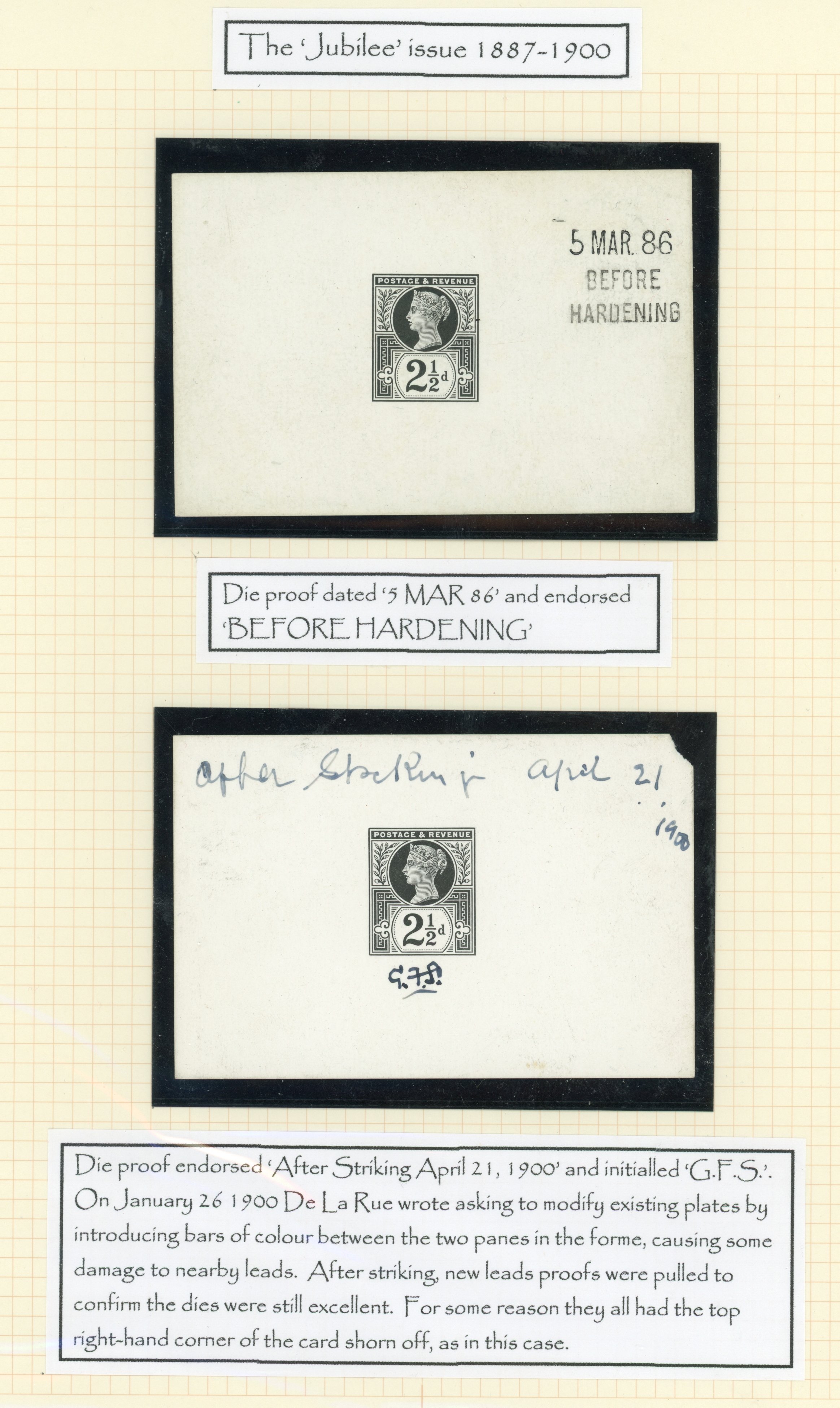 GB 1887-92 2½d die proofs (5) with various dates and endorsements. For SG 201