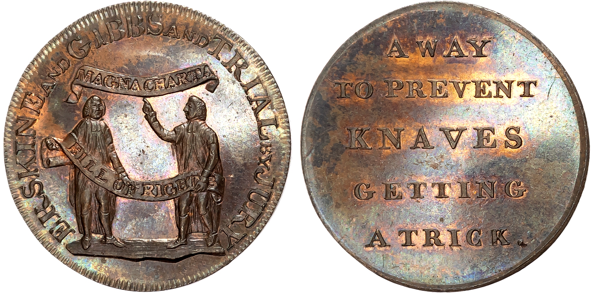 London,  Political Series , Kempson’s Erskine & Gibbs Halfpenny [late 1790s], Two lawyers holding banners - ‘Magna Carta …