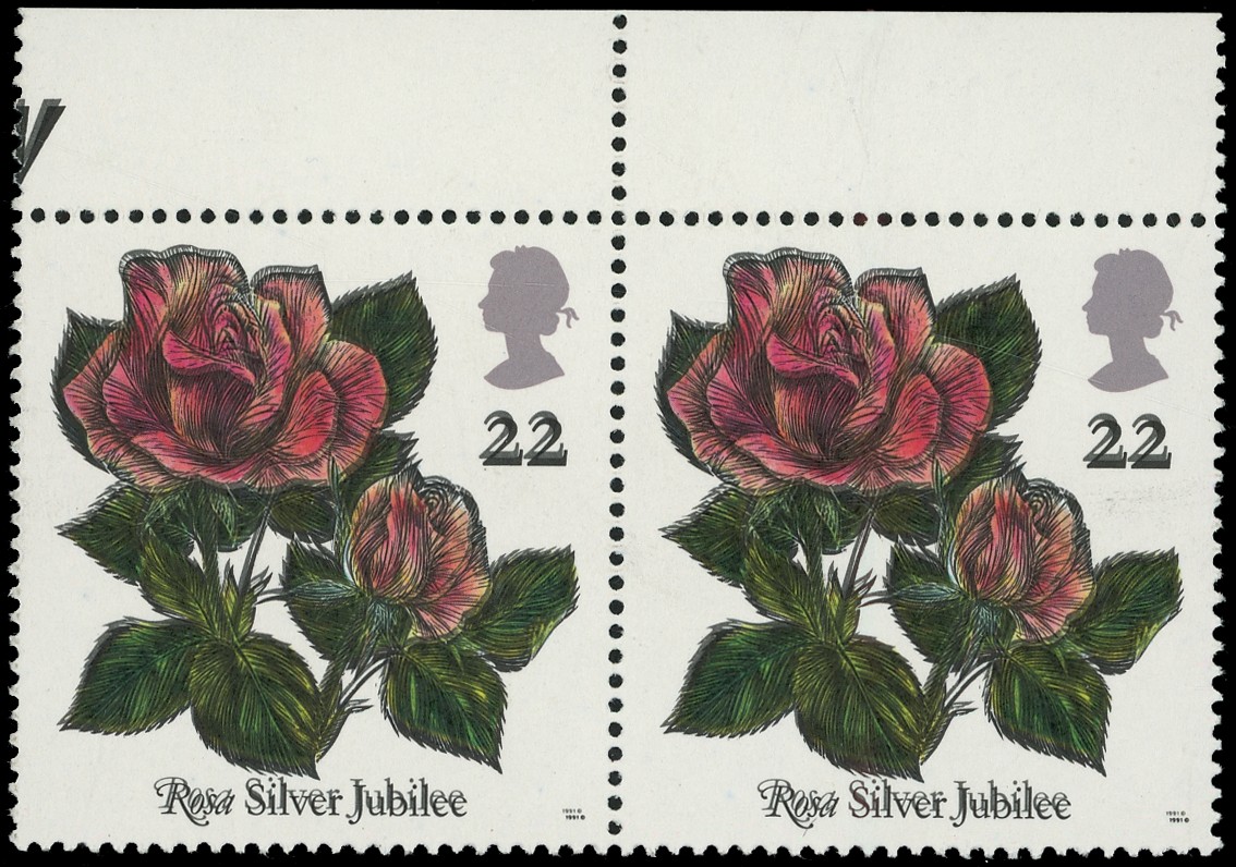 Great Britain 1991 Roses 22p, top marginal pair variety ‘black printing double’, fine unmounted mint. SG 1568b...