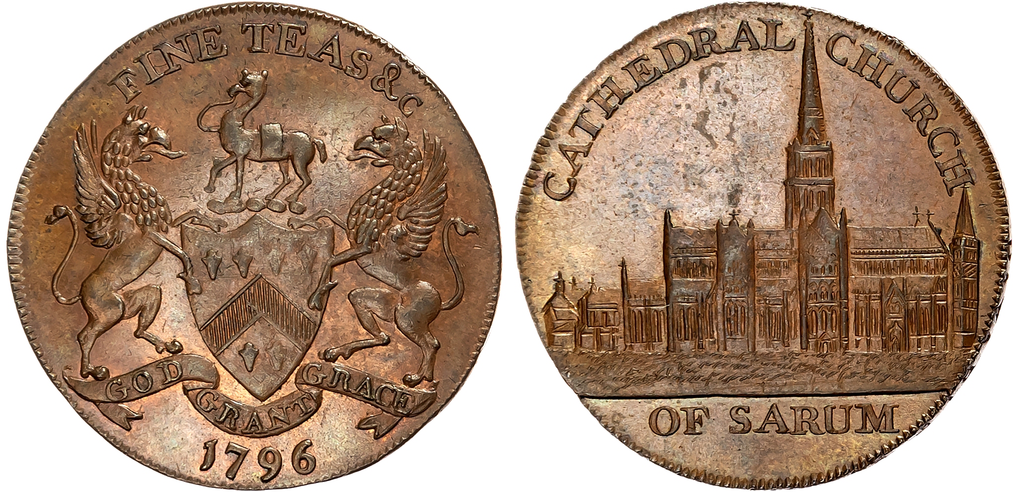 Wilts. Salisbury , John & Thomas Sharpe (tea dealers and grocers) Halfpenny 1796, View of Salisbury Cathedral, rev . Gro …
