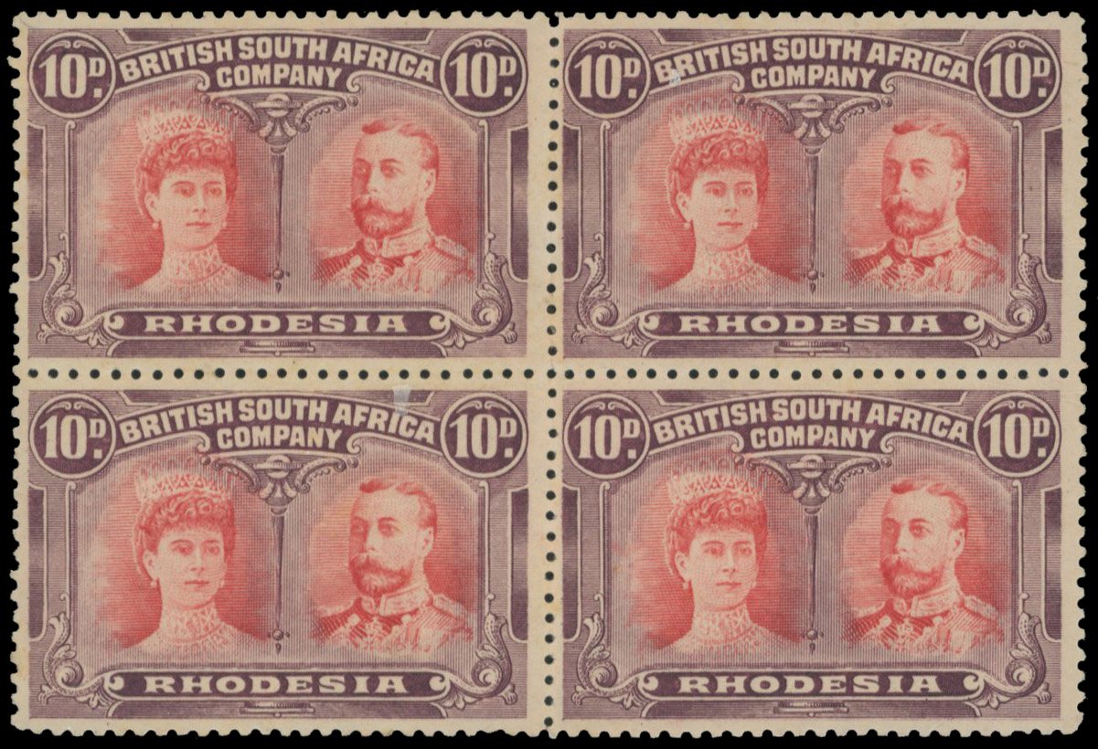 10d scarlet and maroon RSC A block, positions 36-42 mint