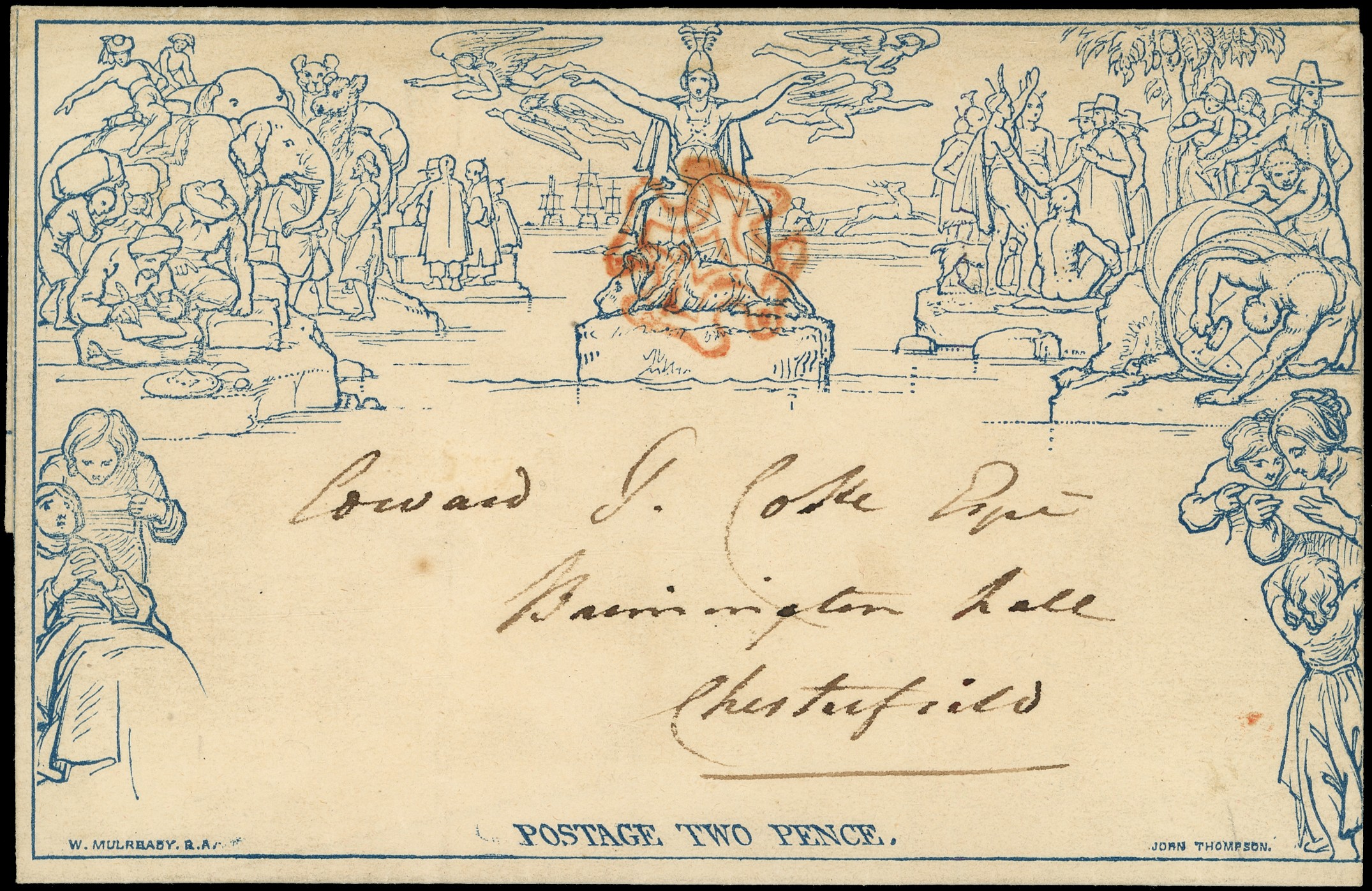 1840 2d blue Mulready letter sheet, stereo a104, Alfreton to Chesterfield on February 8th...