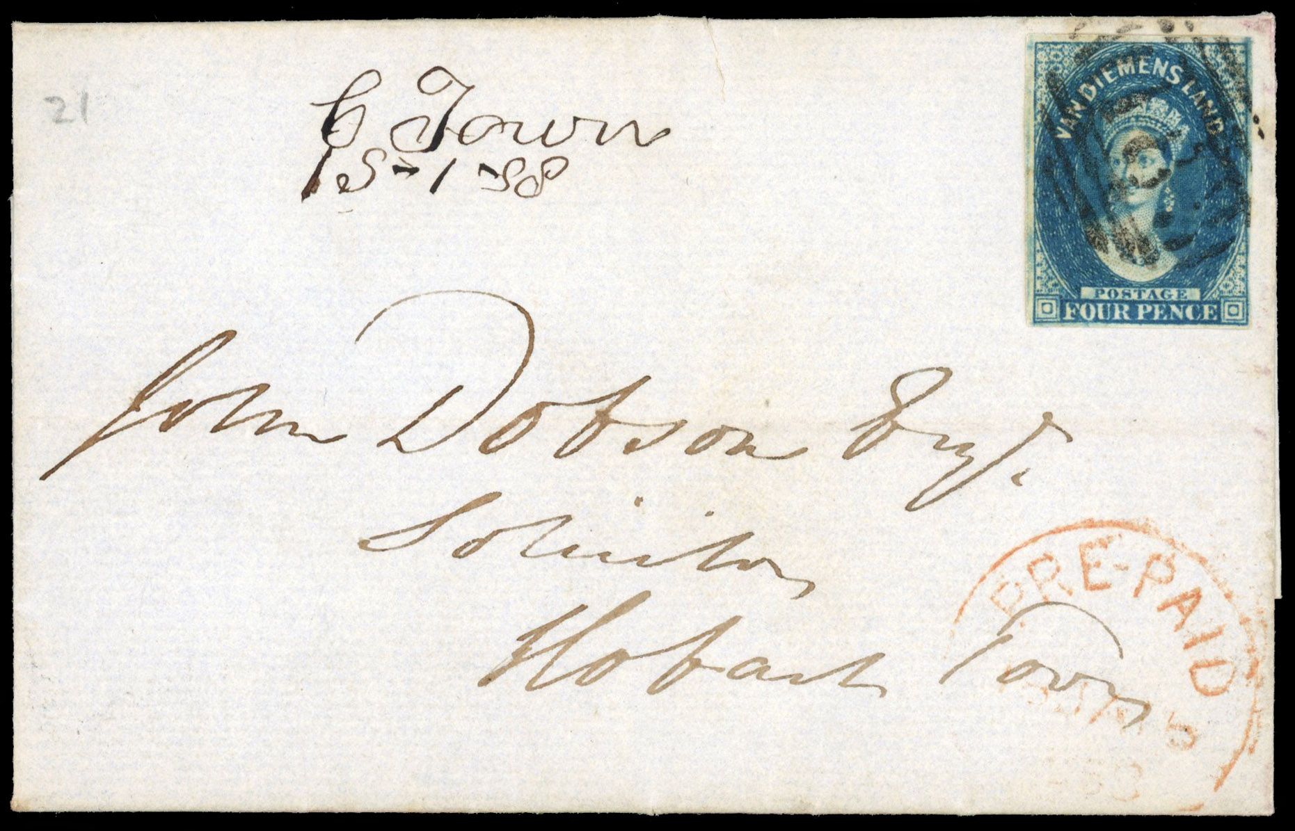 Tasmania SG 21, 22 1857-8 2d blue and deep blue on covers to a Hobart solicitor