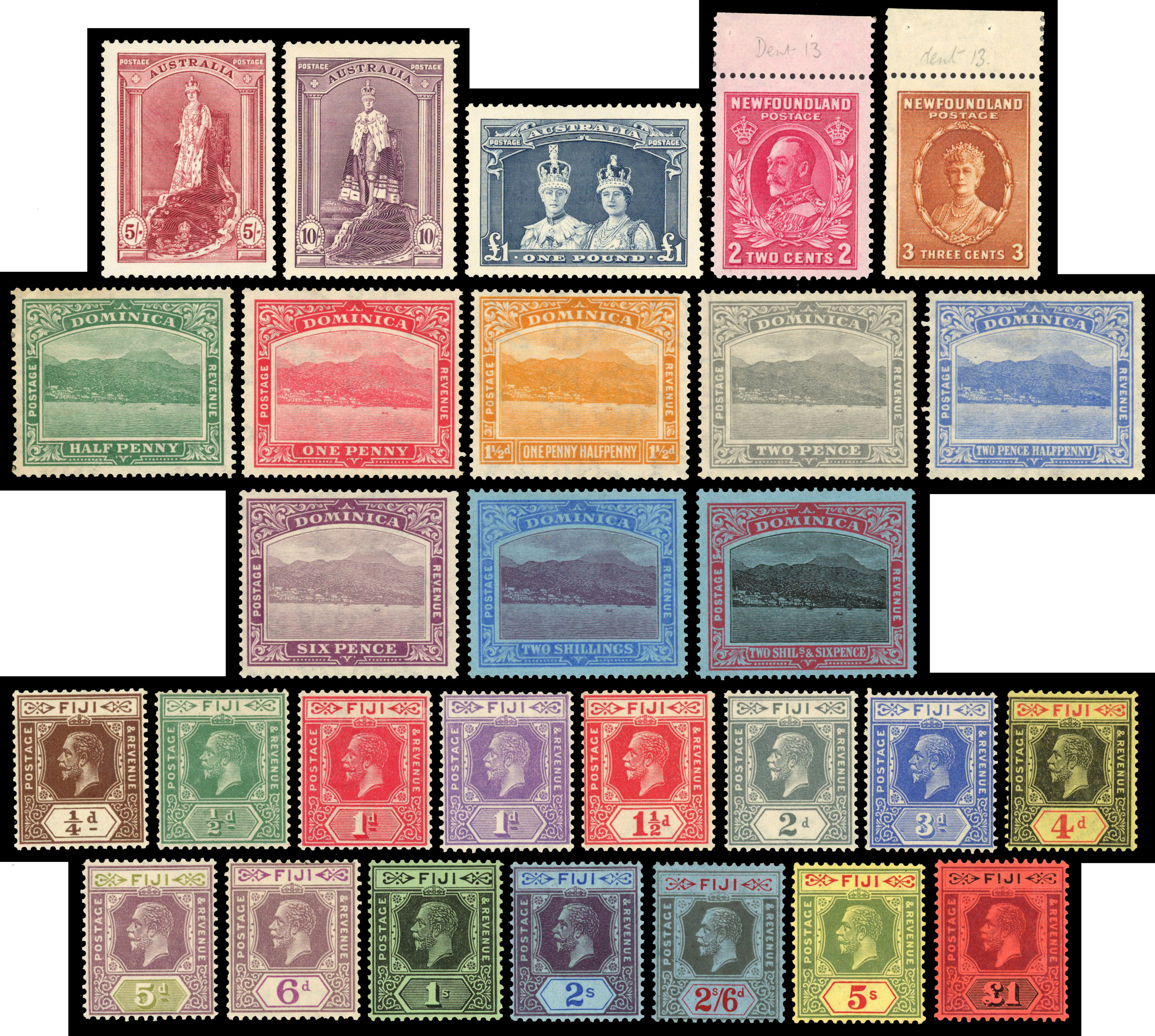 Mainly mint, former portfolio includes Australia 1938 robes 5s to £1, Dominica 1921 to 2s6d, Fiji 1922 to 5s, 1923 £1