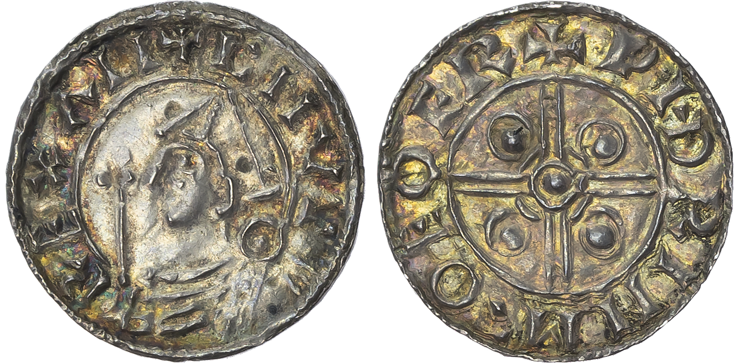 Cnut (1016-35), AR Penny, Pointed helmet Penny (c,102430), York Mint, moneyer Withrin. Pointed helmet bust left with sce…