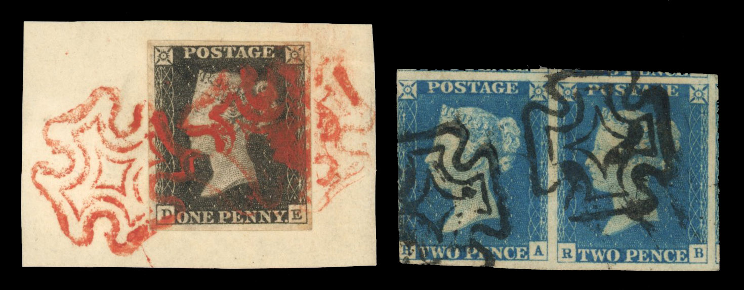 GB 1840 1d black on piece and 2d blue horizontal pair used