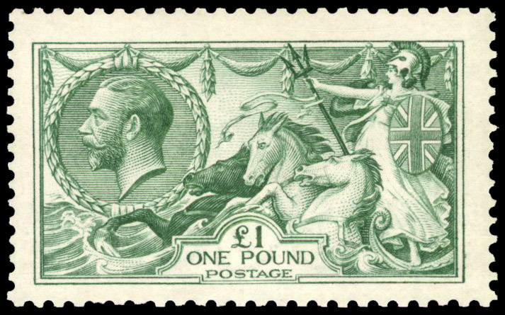 GB: 1913 £1 green, a couple of shortish perfs at bottom, still good colour, fine o.g. SG 403