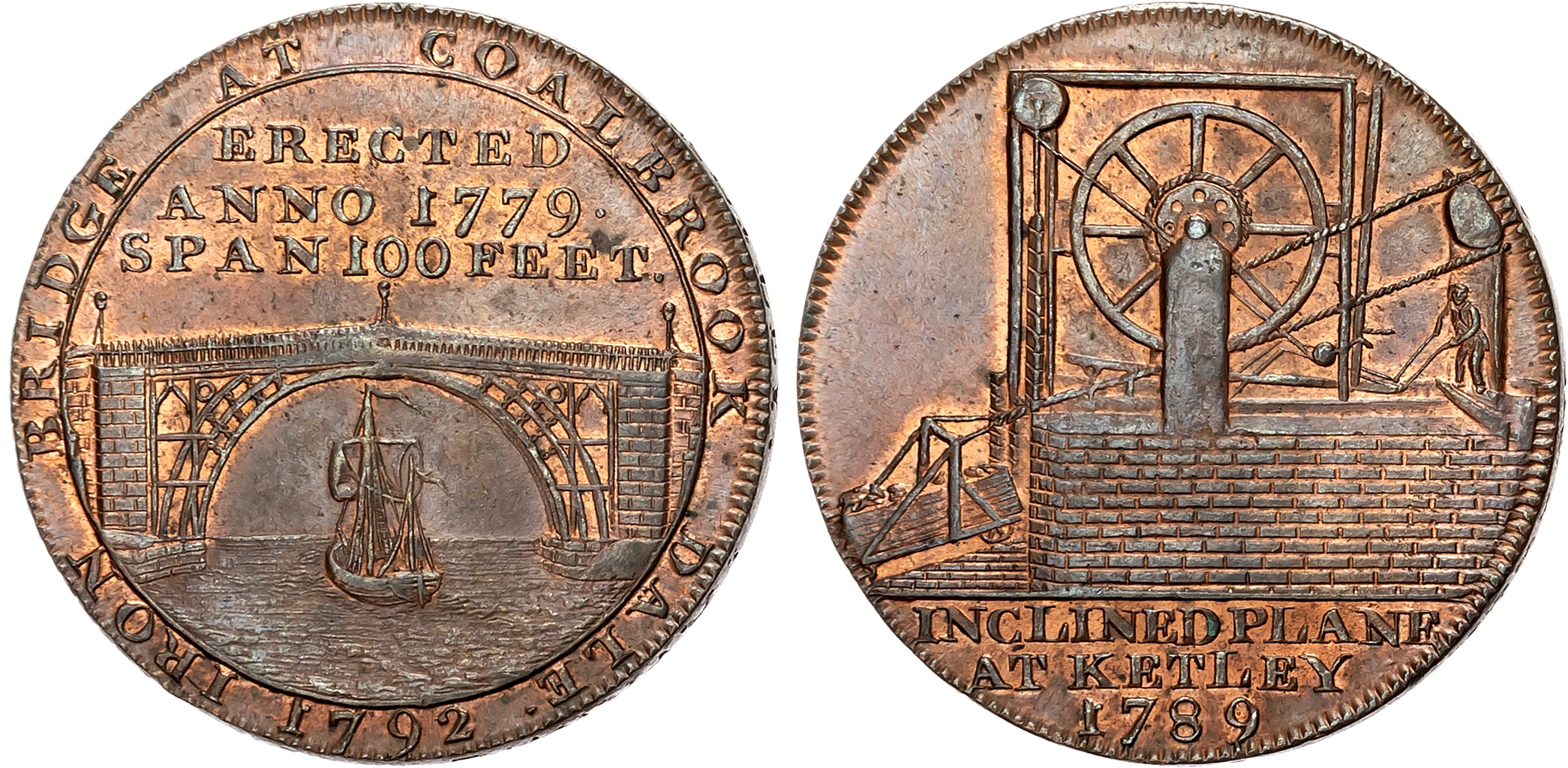 Salop. Coalbrook Dale , Richard Reynolds & Sons Halfpenny 1792, Sailing barge below iron bridge, rev. Inclined plane (ba …