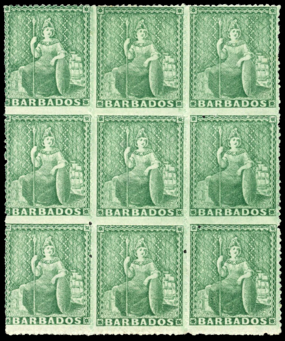 Barbados 1861-70 (½d) blue-green, block of nine, mint, SG 21a