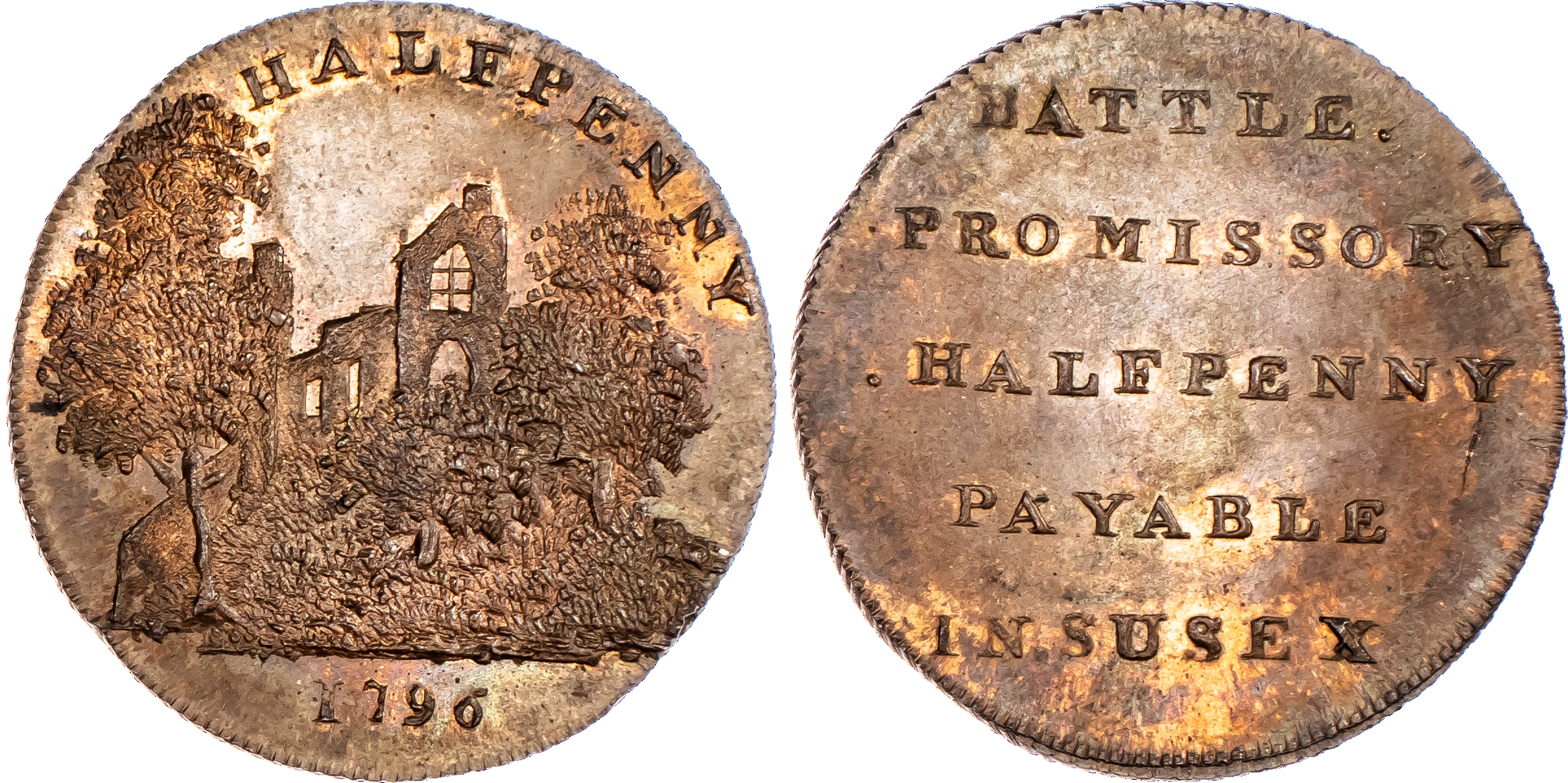 Battle, Skidmore’s Halfpenny 1796, Ruins...