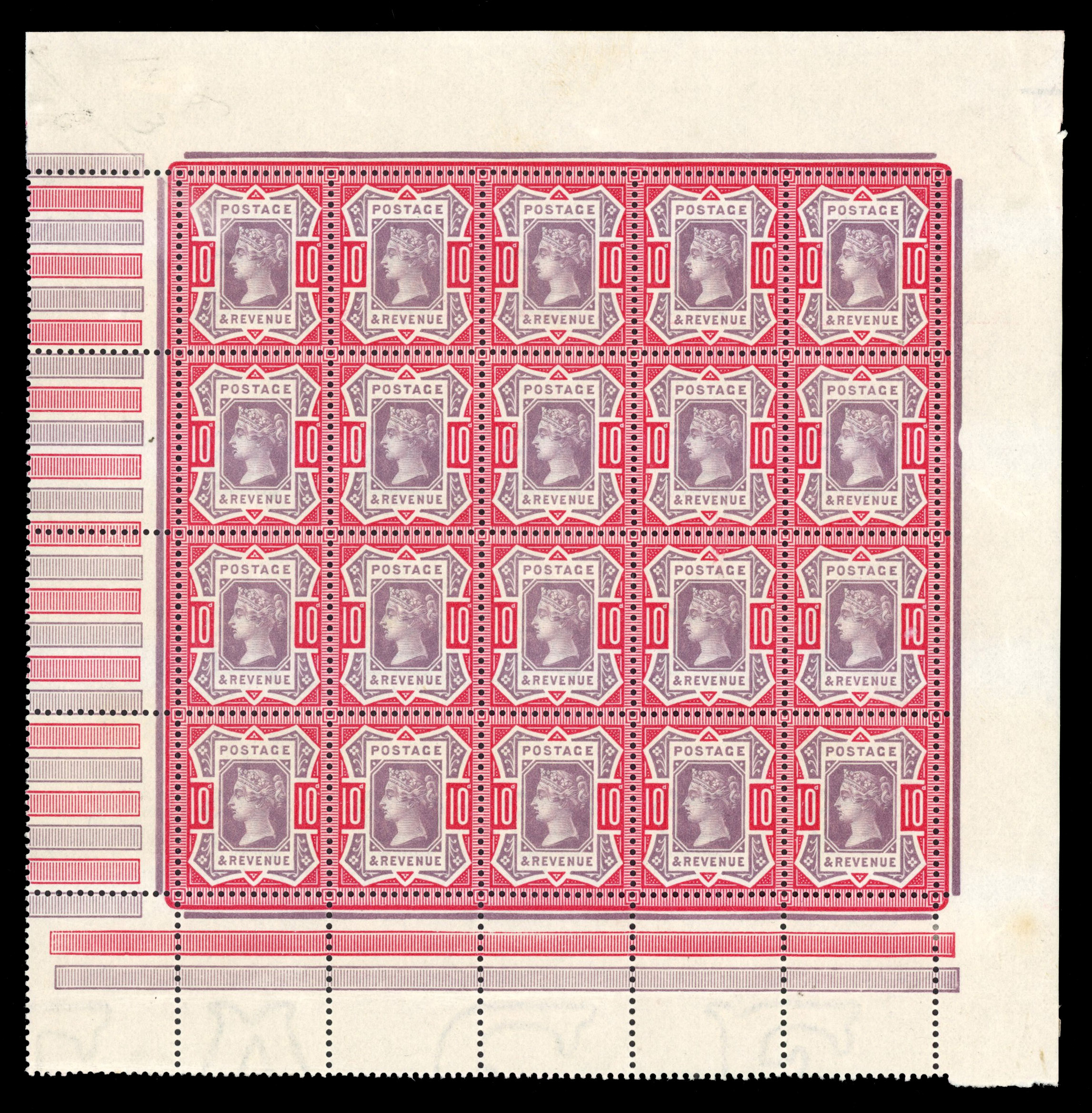 GB SG 210 1887 10d complete pane of 20 mint 