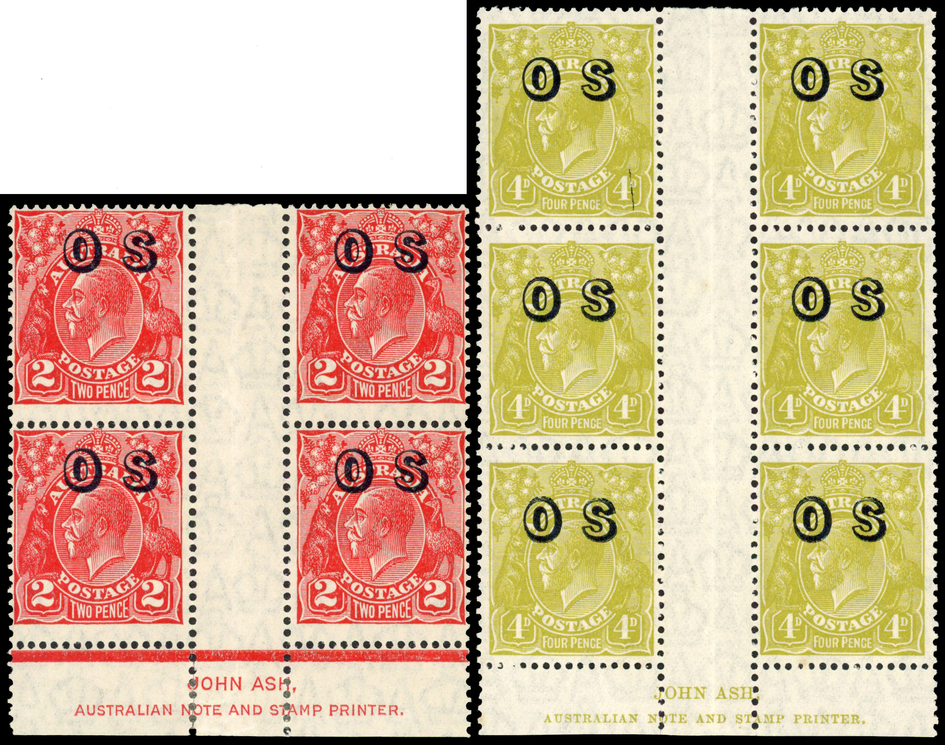 Australia 1932-33 official 2d, 4d imprint blocks