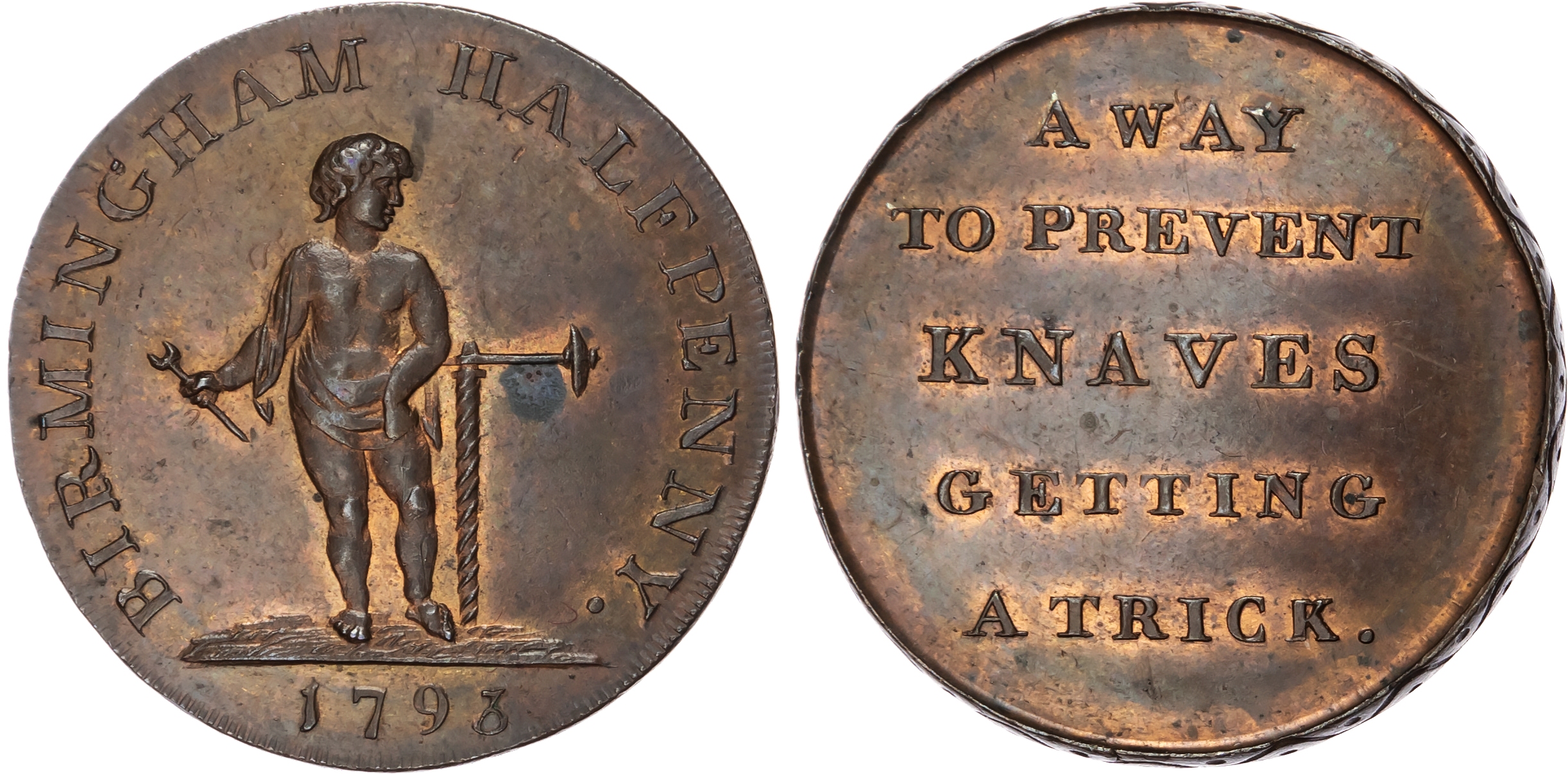 Warks. Birmingham , Kempson’s mule Halfpenny 1797, Boy standing holding an auger and spanner, rev. Britannia s…