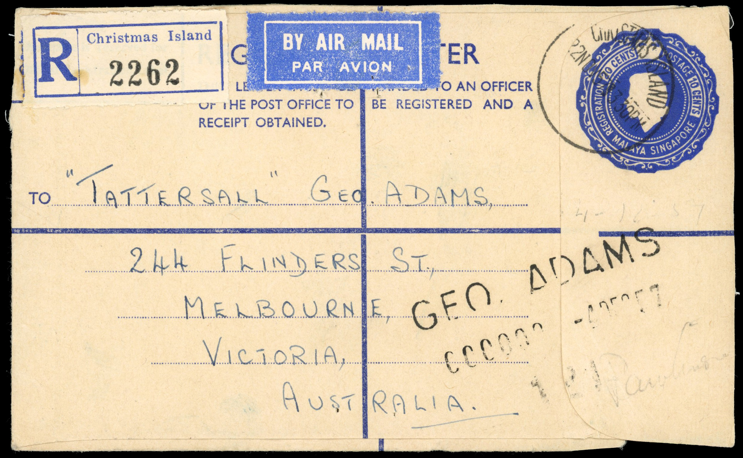 Singapore 1957 30c QEII registered postal stationery envelope from Christmas Island