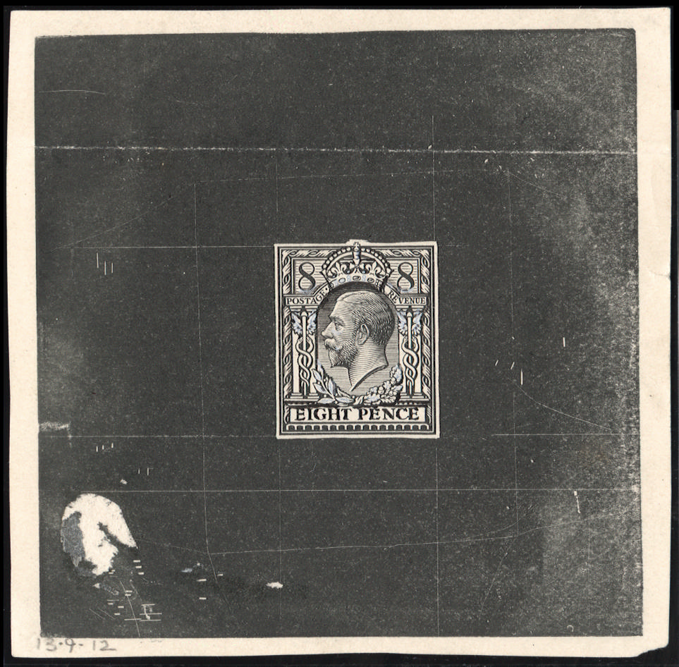 Great Britain 1912 8d Die proof of Eve's pillar design. Very fine uncleared example using the large (12mm) coinage…