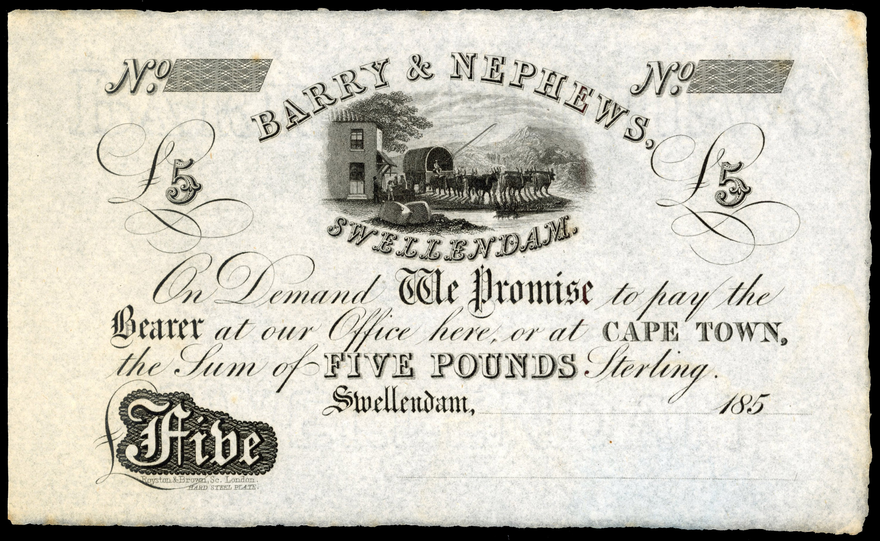 South Africa, Swellendam, Barry & Nephews, uniface unissued Five Pounds, 185-, without full date, serial numbe…