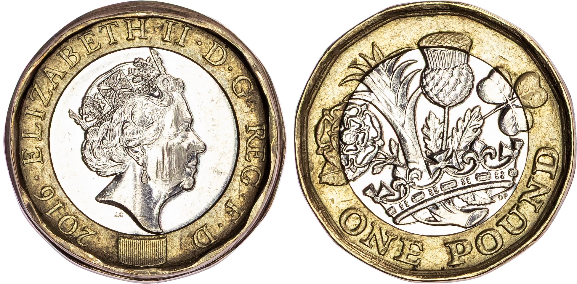 Elizabeth II (1952-2022) CuNi and Brass Bimetallic Error One Pounds, Royal Mint, 2016, 2017, & 2020. [11]