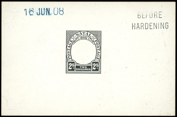 1908 Die Proof of 2/- Duty Plate in black on glazed card 93 x 60mm, dated 16 JUN. 08 in blue and marked BEFORE HARDENING. ...