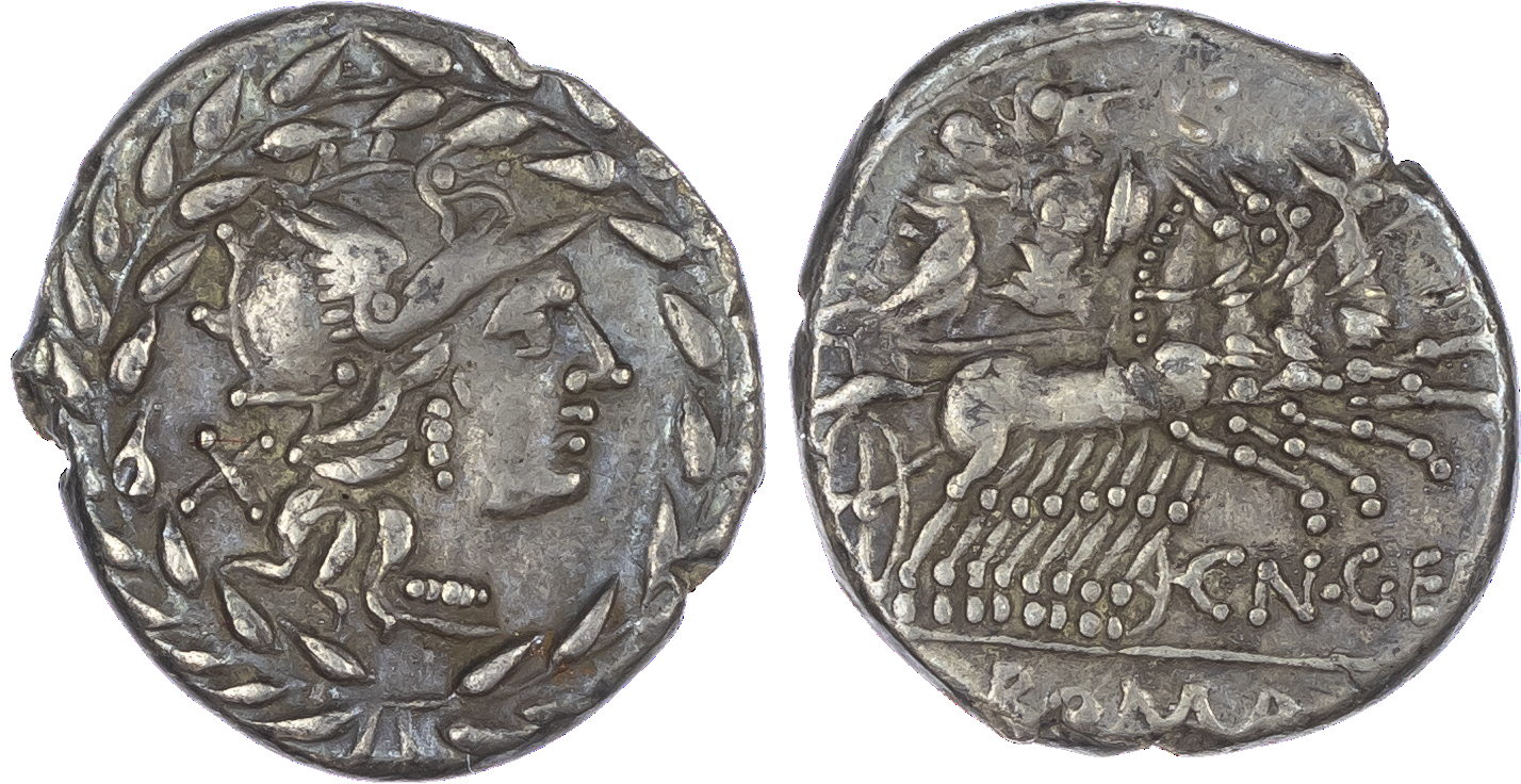 Cn. Gellius (138 BC) AR Denarius, Rome, 3.78g. Helmeted head of Roma facing right, X (mark of value) behind, all within a