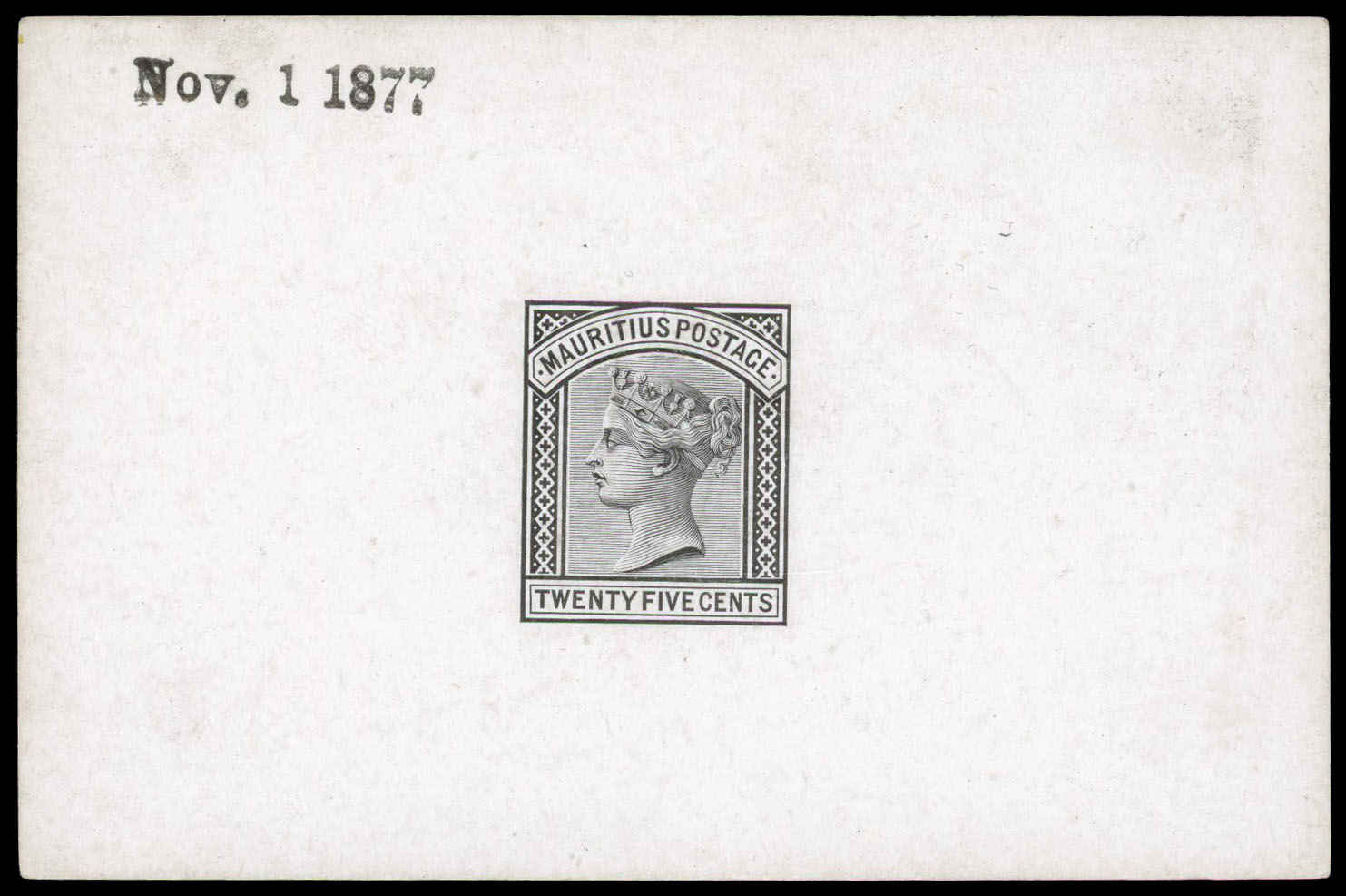1877 25c die proof in black on glazed card, dated “Nov. 1 1877” in black. Fine. 