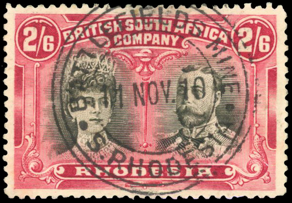 Rhodesia 1910-13 2s6d black and crimson cancelled on first day of issue