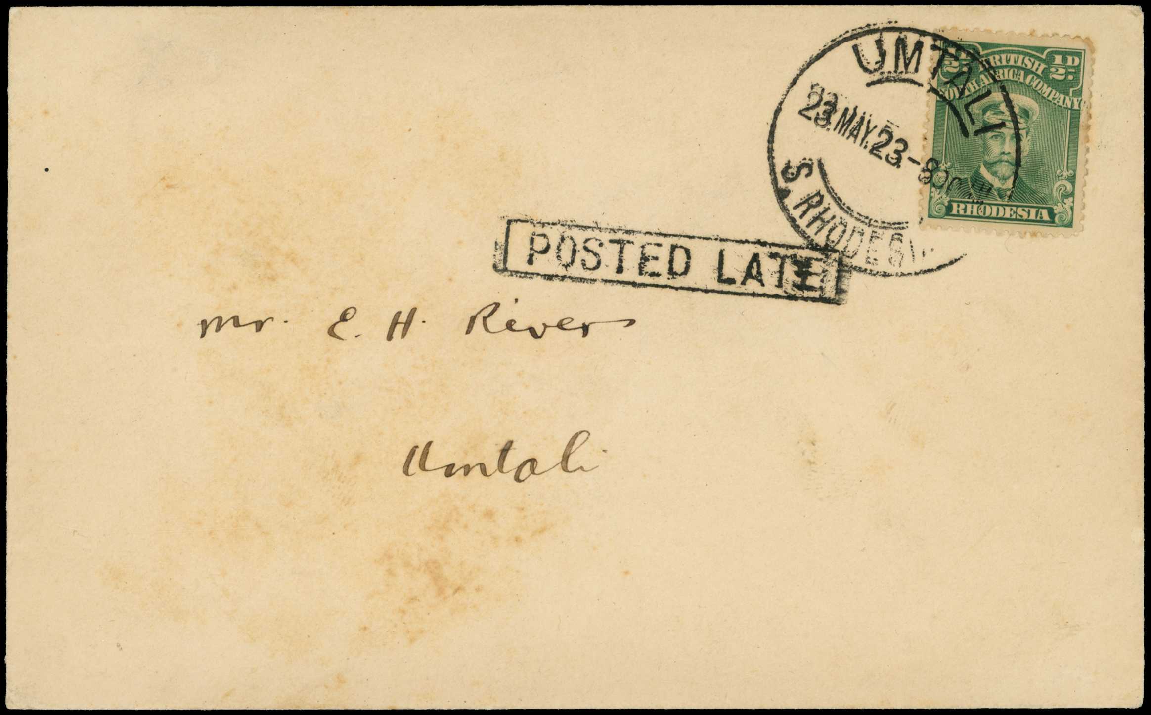 1923 envelope used locally at Umtali, bearing...