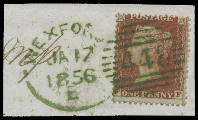 1855 1d Red-brown Pl.14 (Wmk. Large Crown, Perf 14). Superb used example lettered FF, neatly tied to a small piece by a...