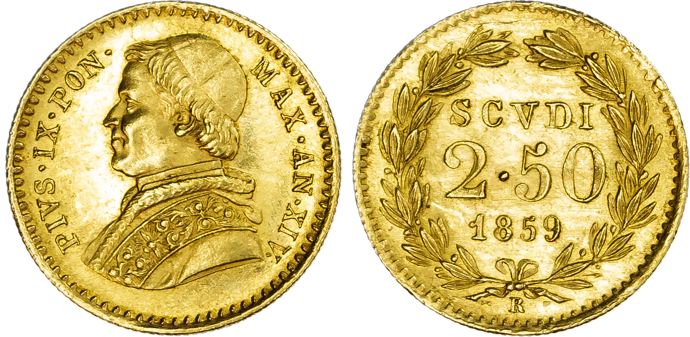 Italian States, Stato Pontificio (Papal States). Pius IX AV 2.50 Scudi. Rome mint, 1859.