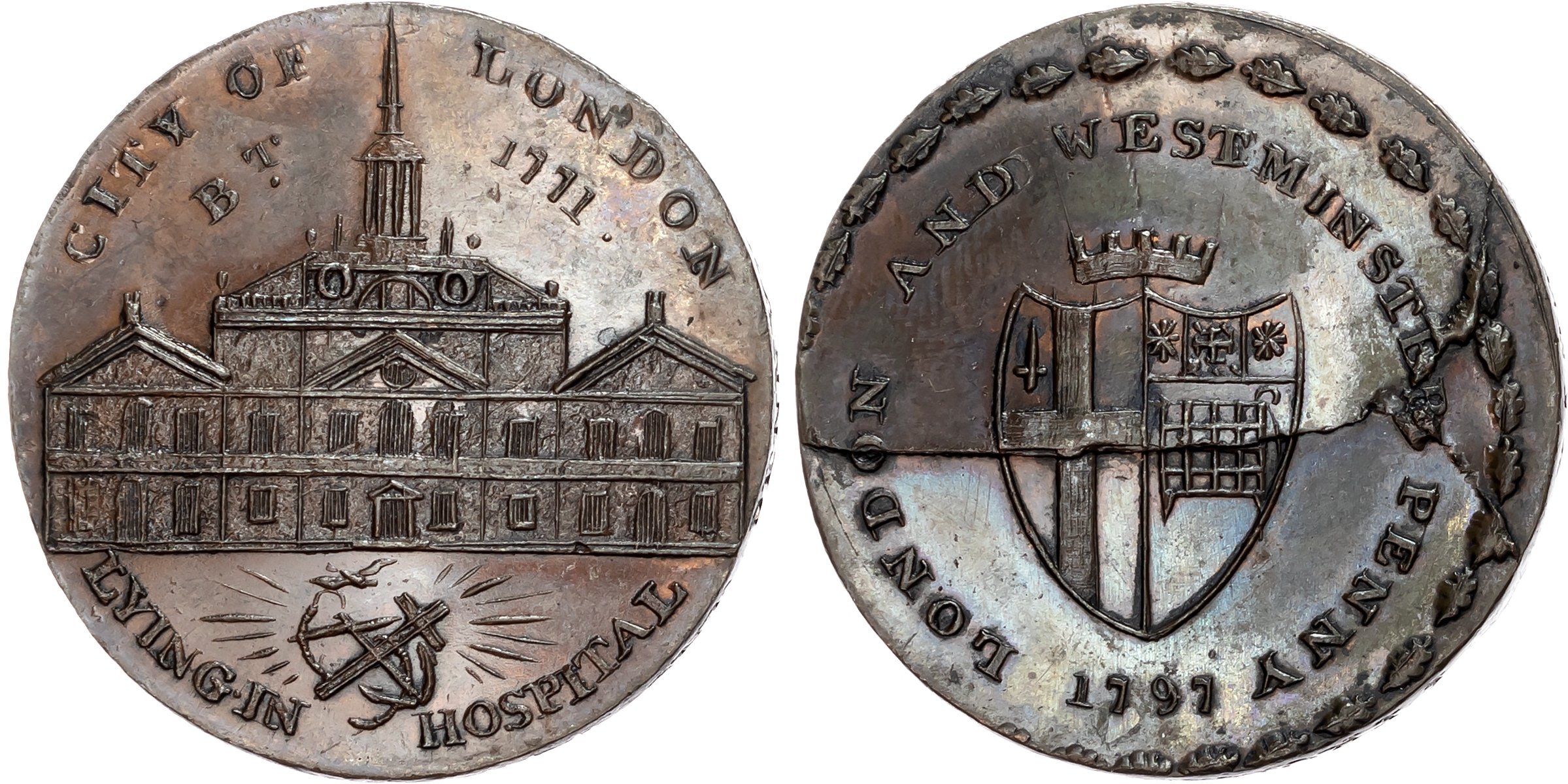 London , City Road , Prattent’s ‘London and Middlesex Series’ penny 1797, Lying-in Hospital rev . London and Westminster …