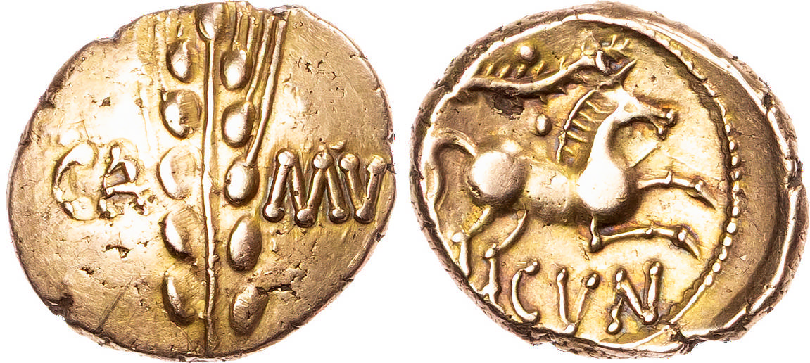 Trinovantes and Catuvellauni, Cunobelin (c. AD 8-41) AV Stater, ‘Linear’ type, 5.38g.