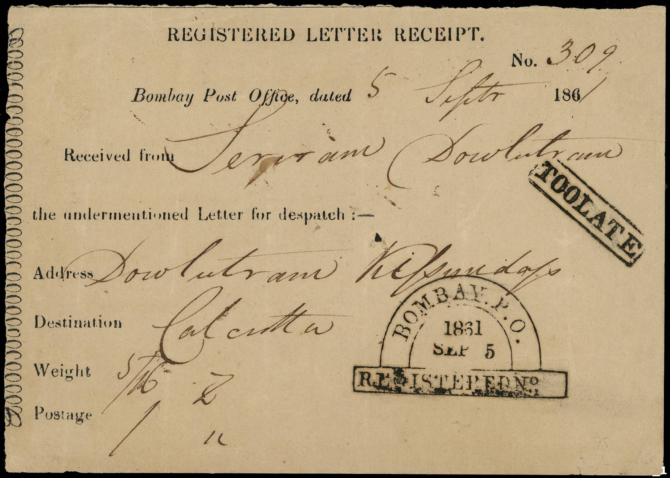 India POSTAL HISTORY: 1861 Registered Letter Receipt
