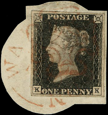1840 1d Grey-black Pl.1a. red MC and town datestamp combination.