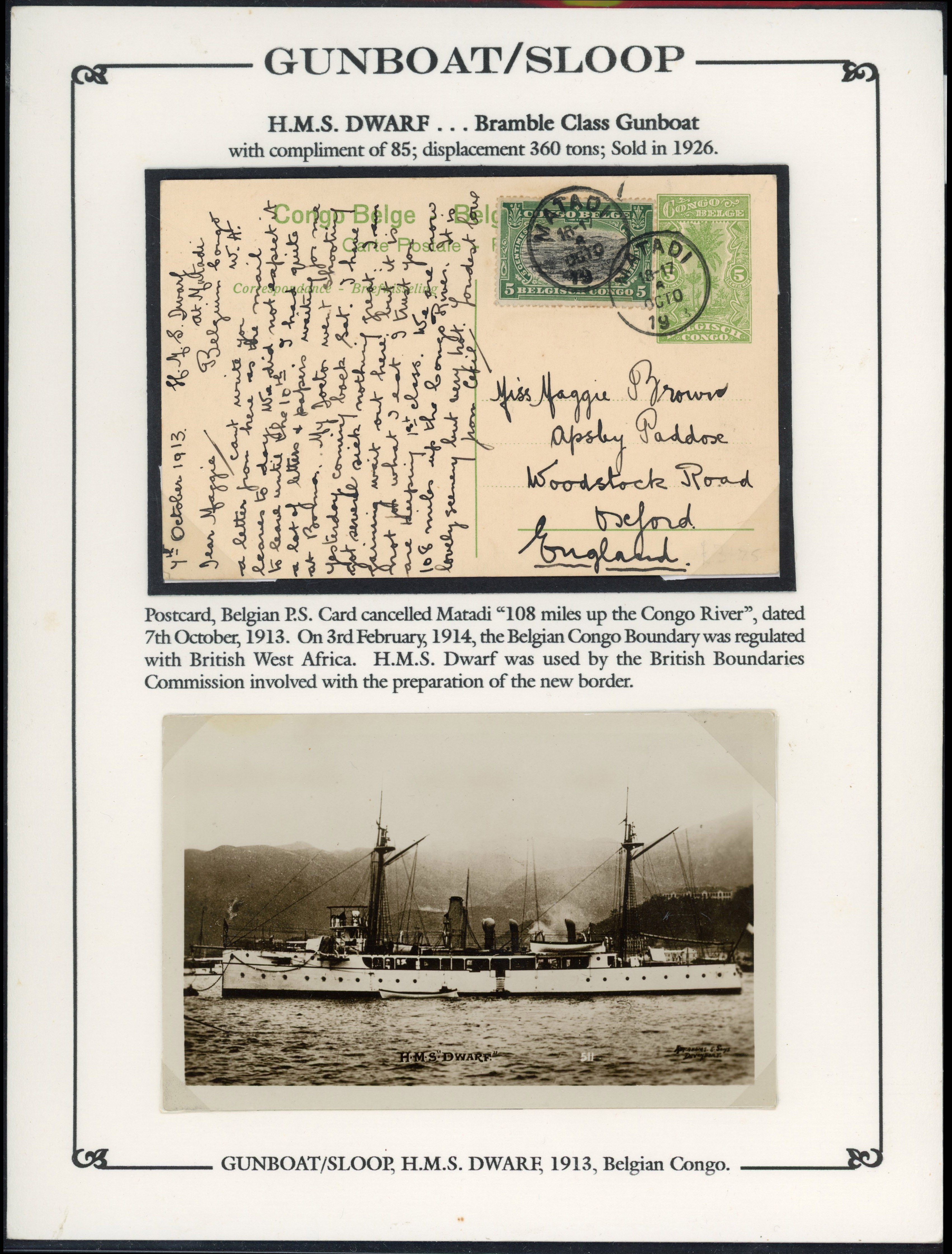 Belgian Congo 1913 stationery card from HMS Dwarf at Matadi