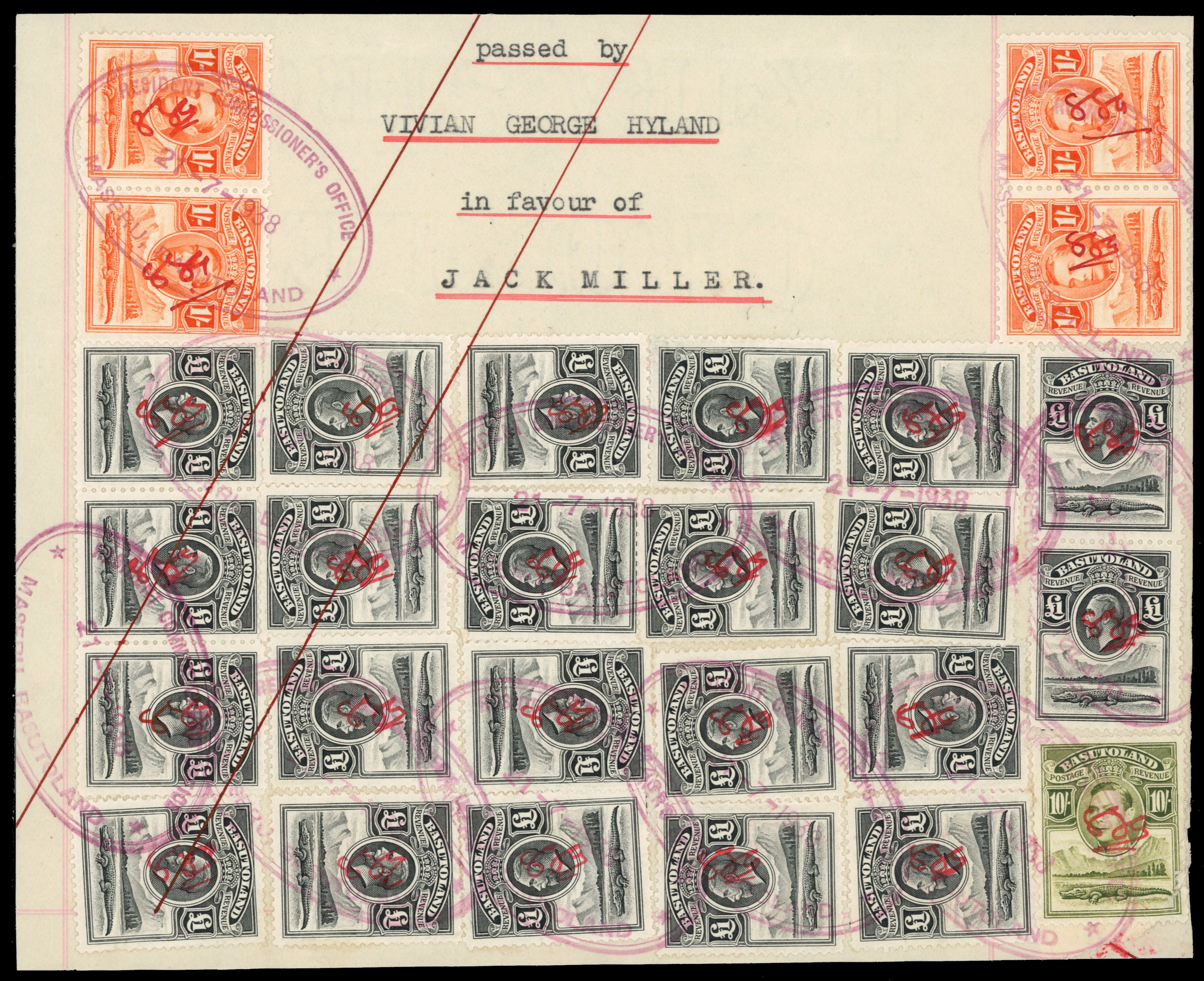 BASUTOLAND 1938 Revenue Document piece bearing £1 black x22