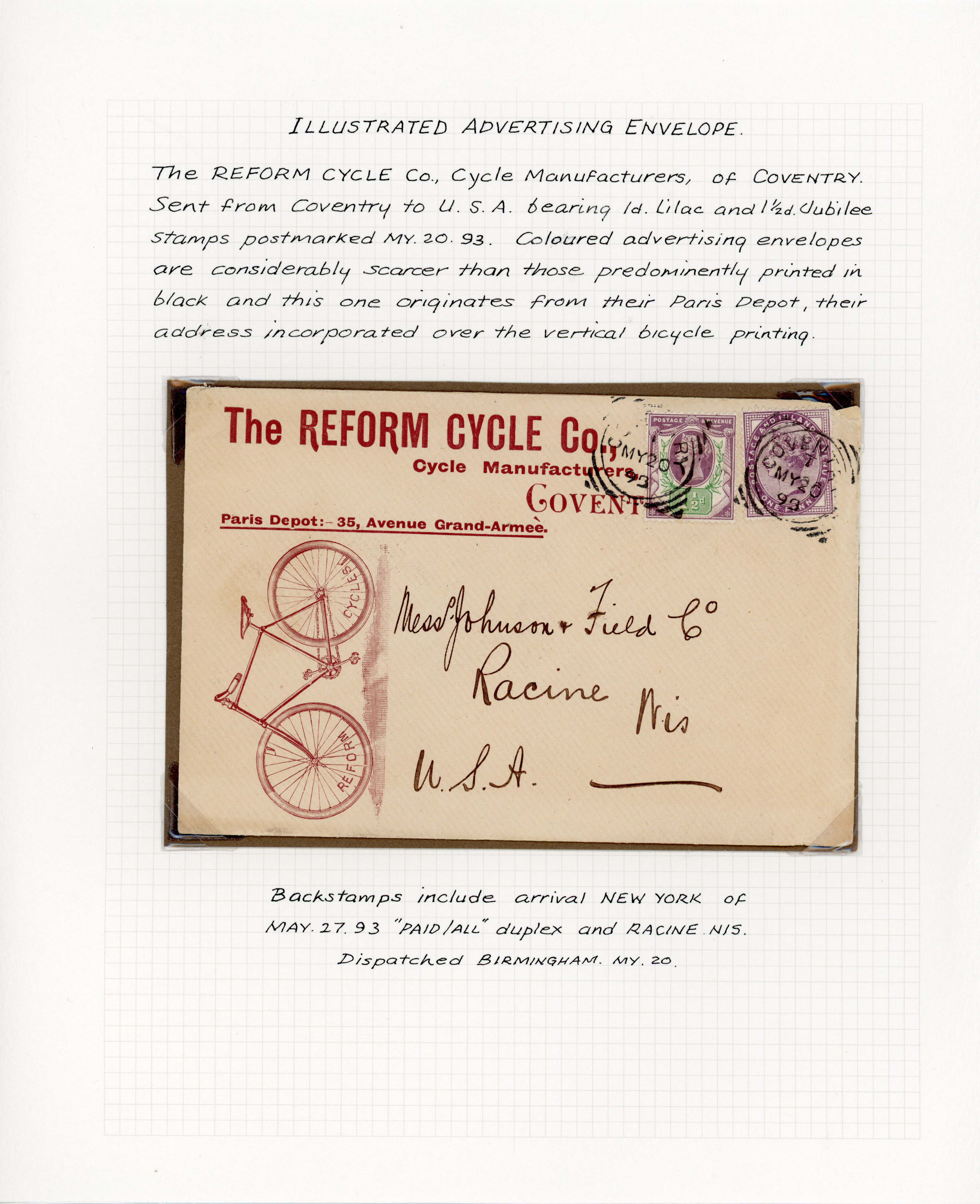 GB 1893 Cycle advertising cover to USA
