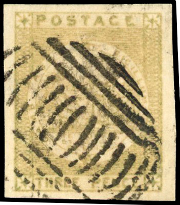 NEW SOUTH WALES: 1850 3d yellow-green on soft yellowish wove paper with good to large margins on all sides and neat central