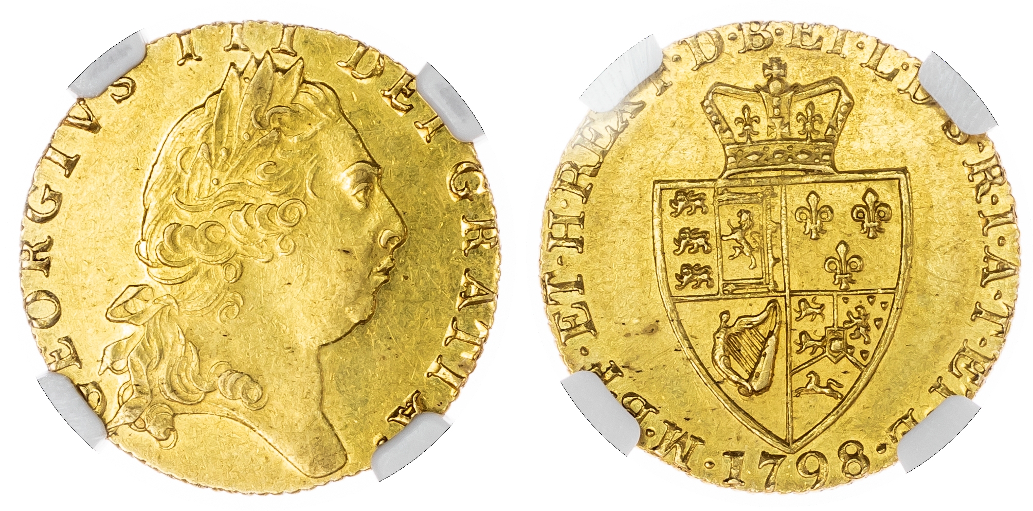 George III (1760‑1820), Guinea, 1798, fifth laureate head right, reads GEORGIVS III DEI GRATIA. Rev, crowned Spade shield,