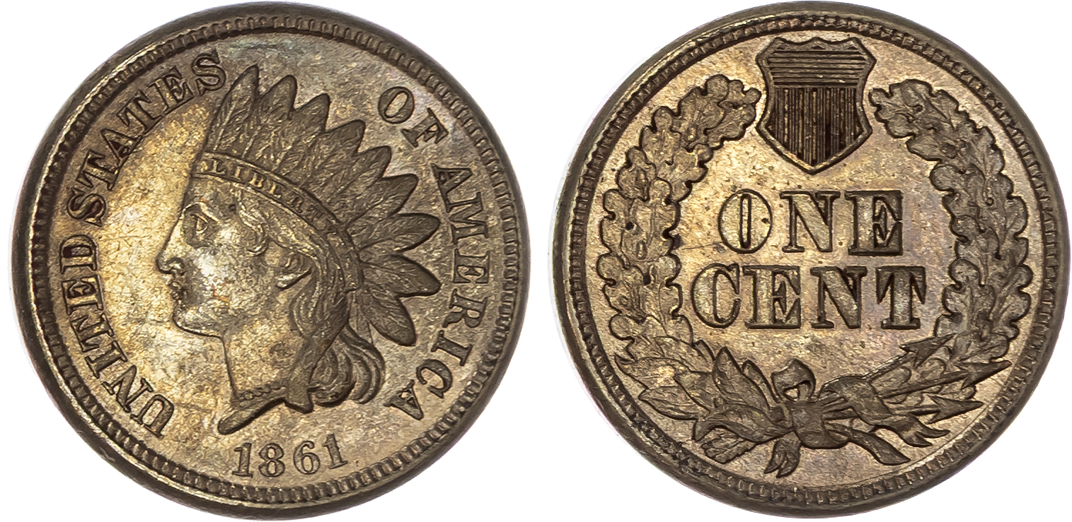 USA , Indian Head copper-nickel Cent, 1861, Philadelphia, oak wreath reverse, with shield, 4.72g (KM 90). Abou…