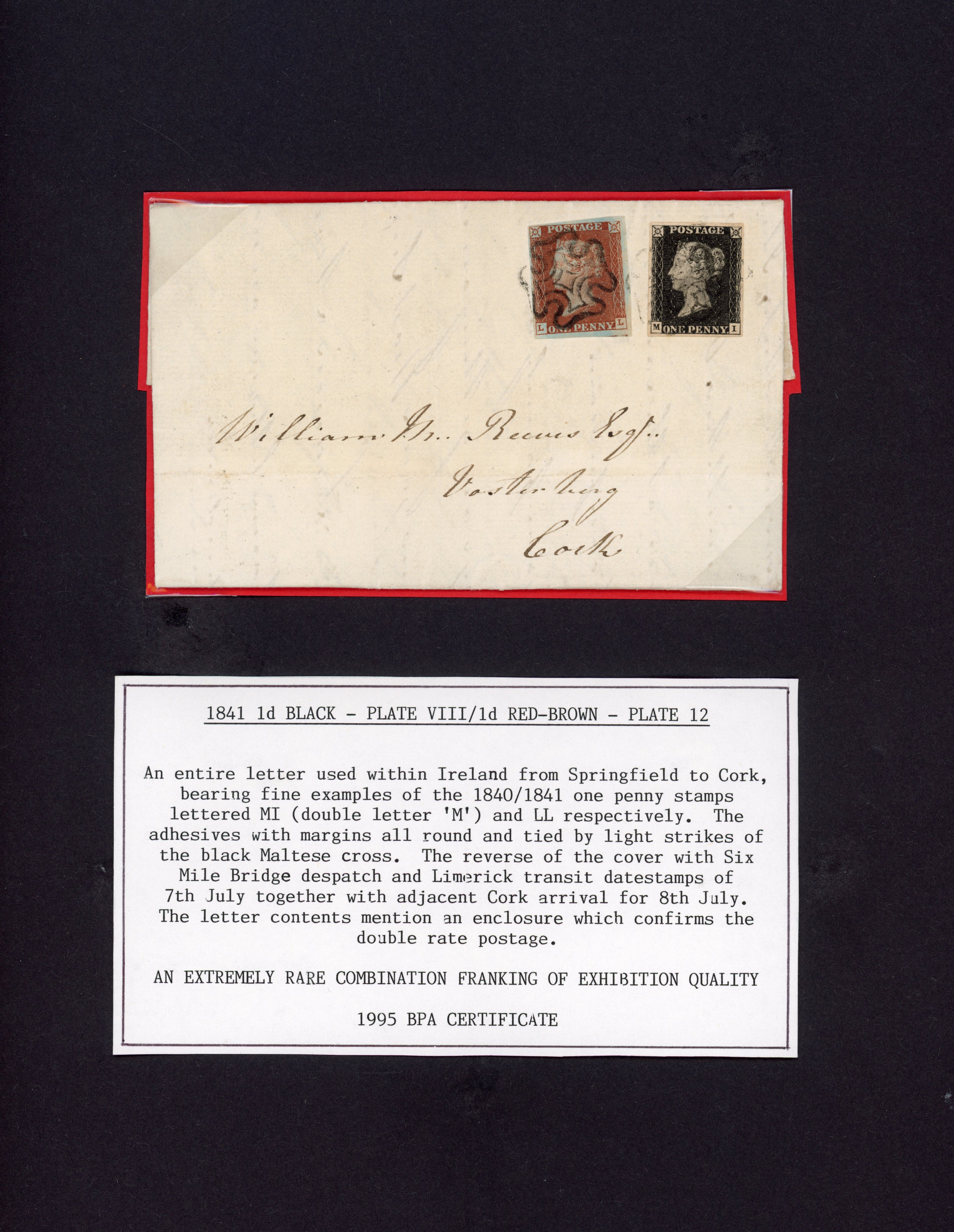 1841 cover to Cork bearing 1840 1d black Plate 8 (MI) and 1841 red-brown Plate 12 (LL), each tied by black Maltese Cross